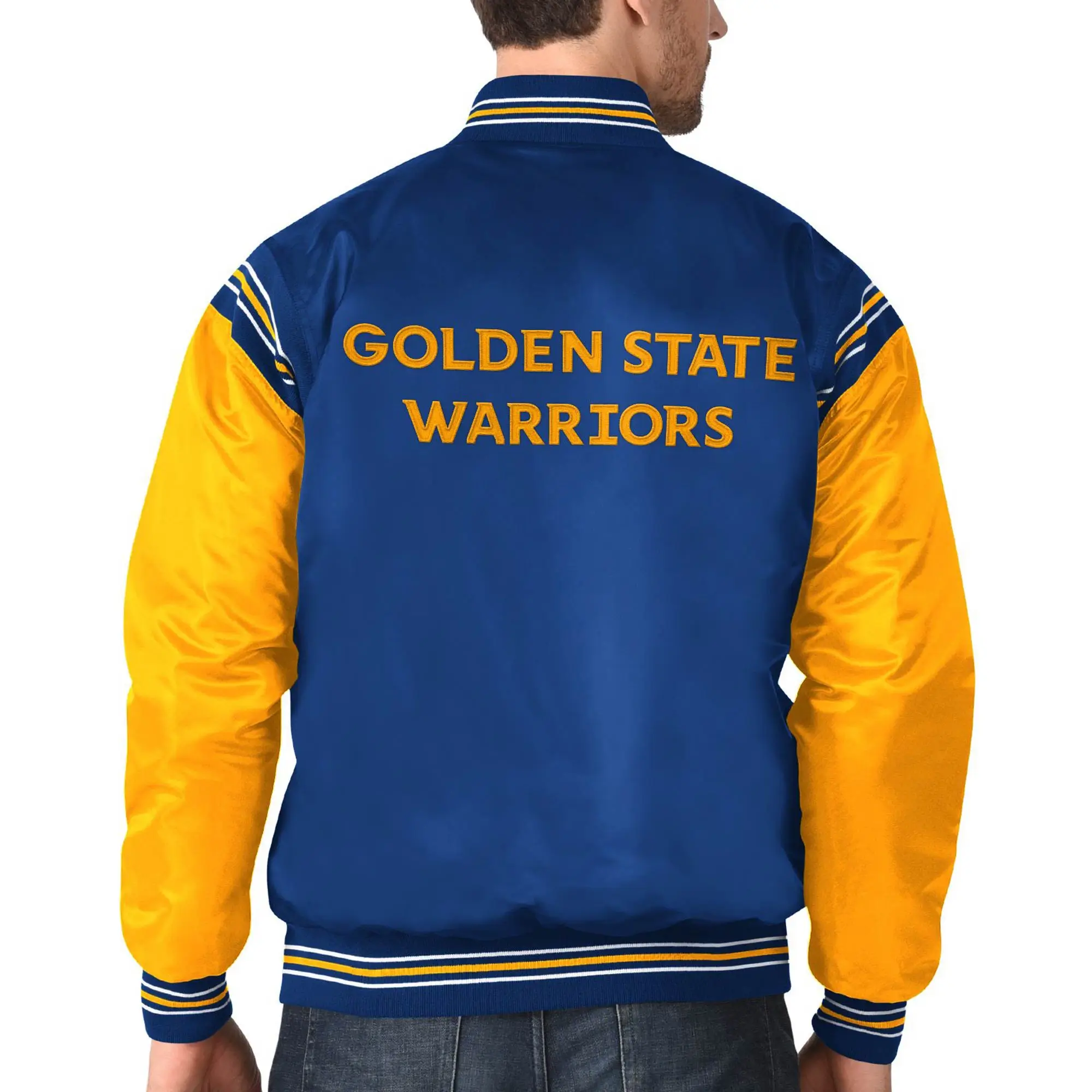 Men's Golden State Warriors Starter Yellow The Enforcer Varsity Satin Full Snap Jacket-LeatherMoto
