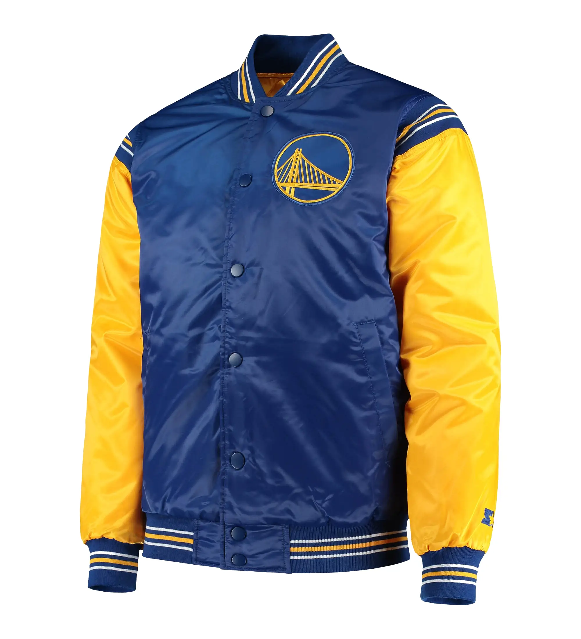 Men's Golden State Warriors Starter Yellow The Enforcer Varsity Satin Full Snap Jacket-LeatherMoto