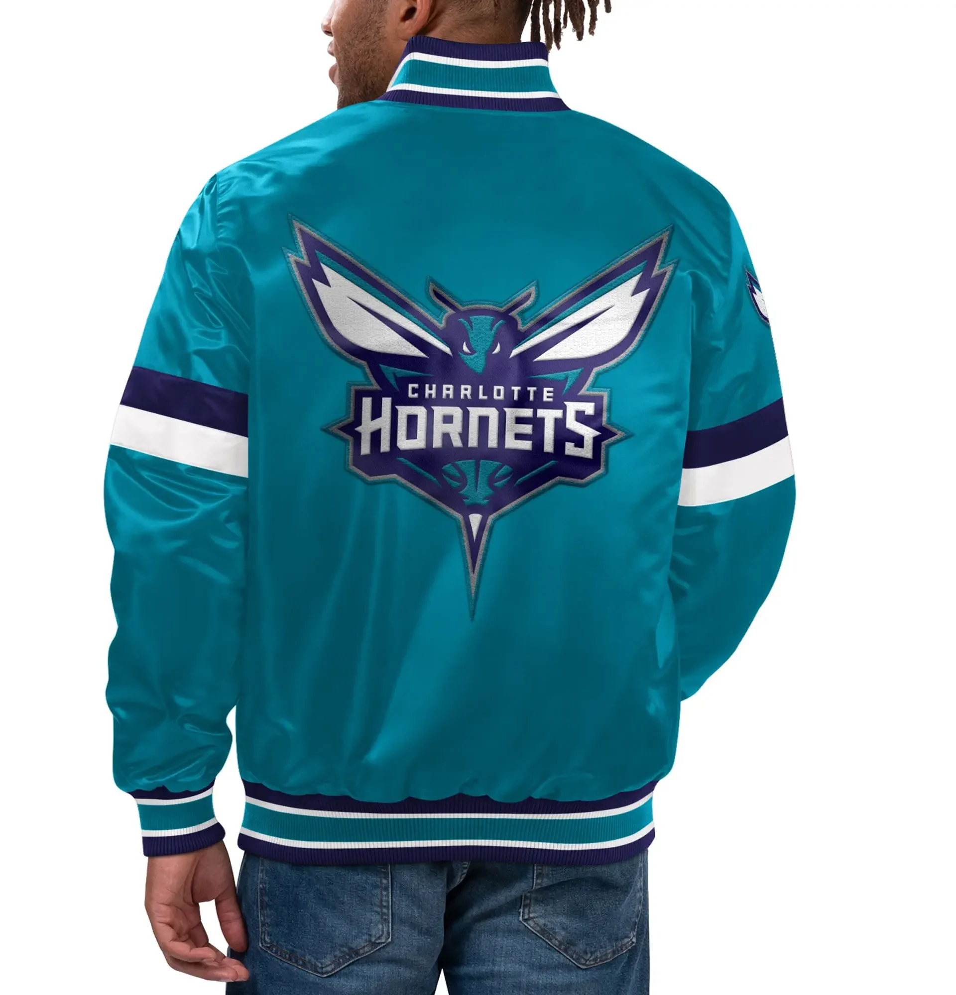 Alternative view of Charlotte Hornets Starter Teal Satin Ribbed Knit Varsity Jacket