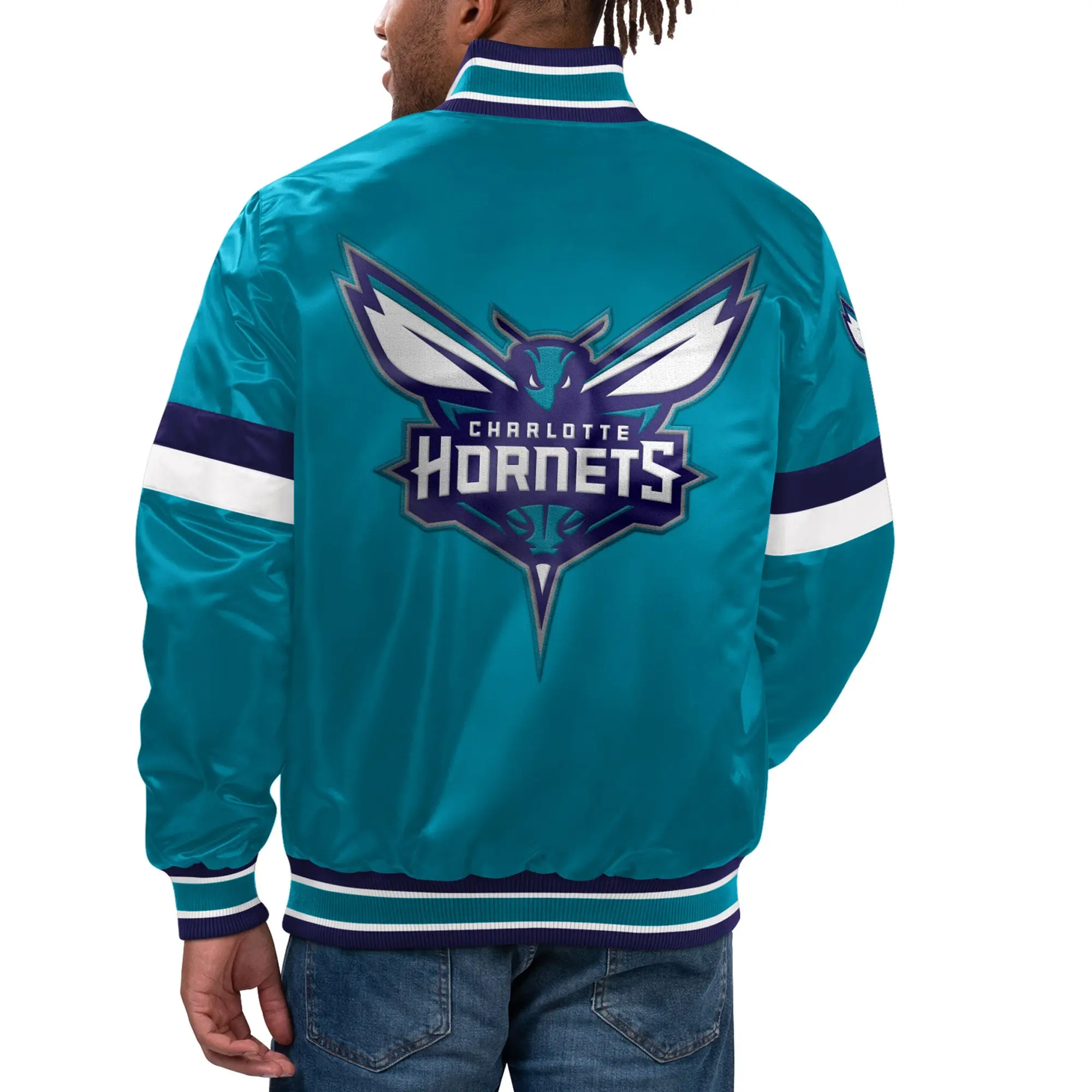Charlotte Hornets Starter Teal Satin Ribbed Knit Varsity Jacket - Image 2