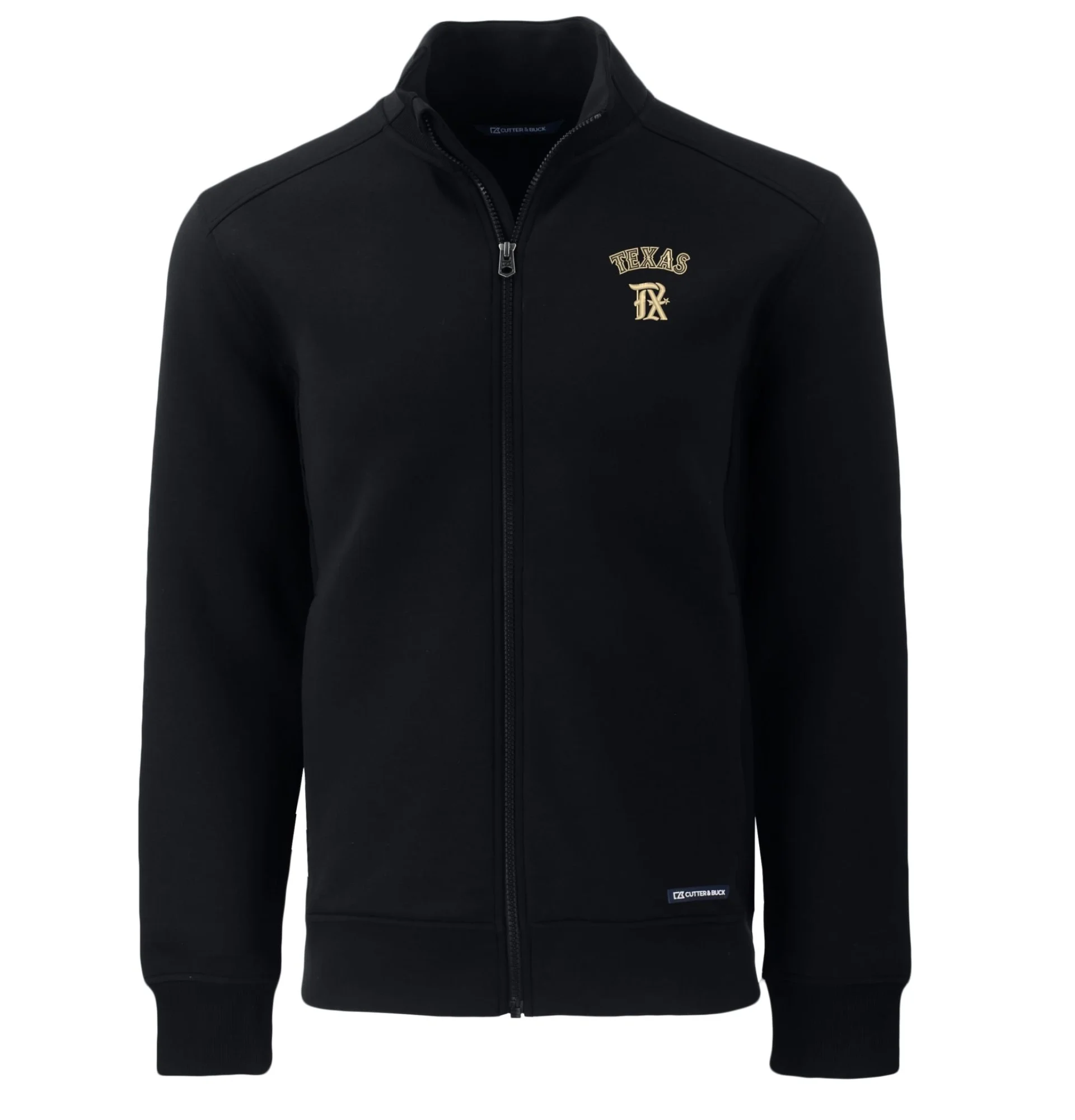 Mens-Texas-Rangers-Cutter-Buck-Black-City-Connect-Roam-Varsity-Jacket-leather moto 1