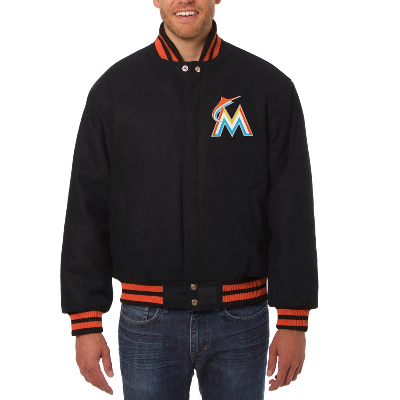 Miami-Marlins-Baseball-Team-Players-Black-Wool-Varsity-Jacket-leather moto 1