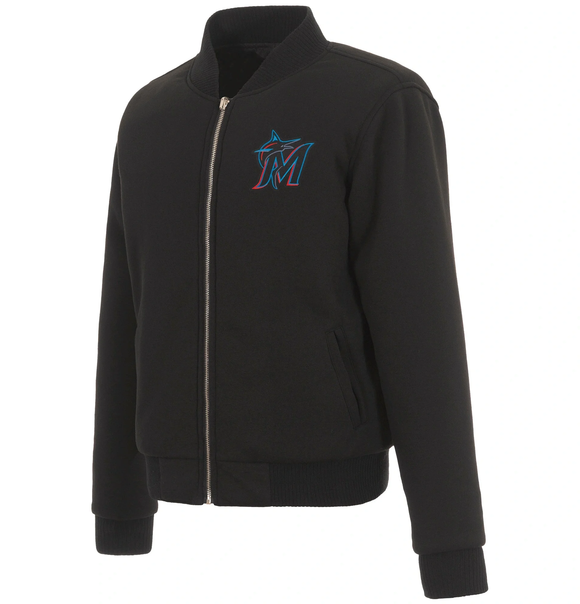 Miami-Marlins-Baseball-Team-Players-Full-Zip-Black-Wool-Varsity-Jacket-leather moto 1