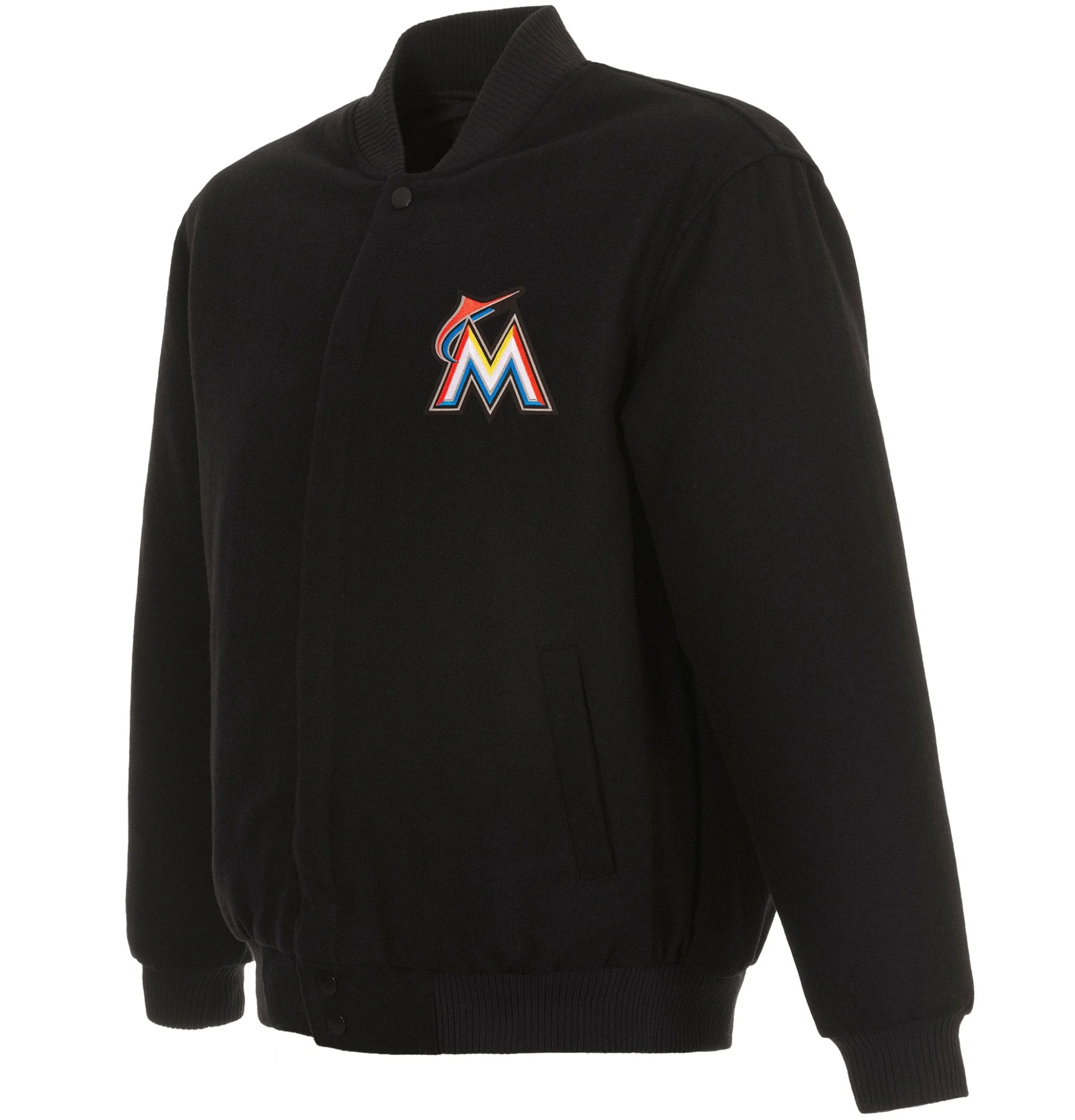 Miami-Marlins-Classic-Rib-Knitted-Black-Wool-Varsity-Jacket-leather moto 1