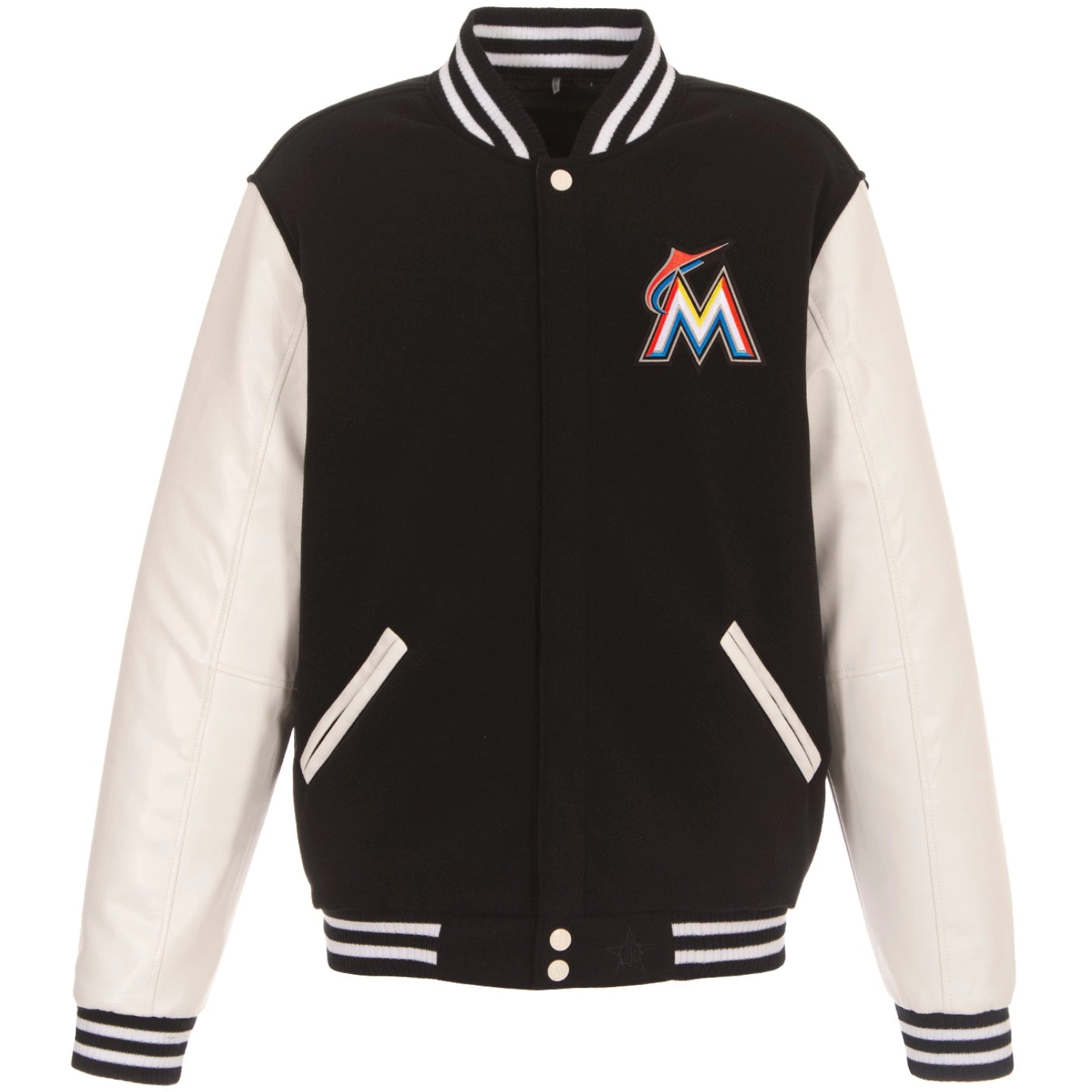 Miami-Marlins-Design-Reversible-Fleece-Faux-leather-Varsity-Jacket-leather moto 1
