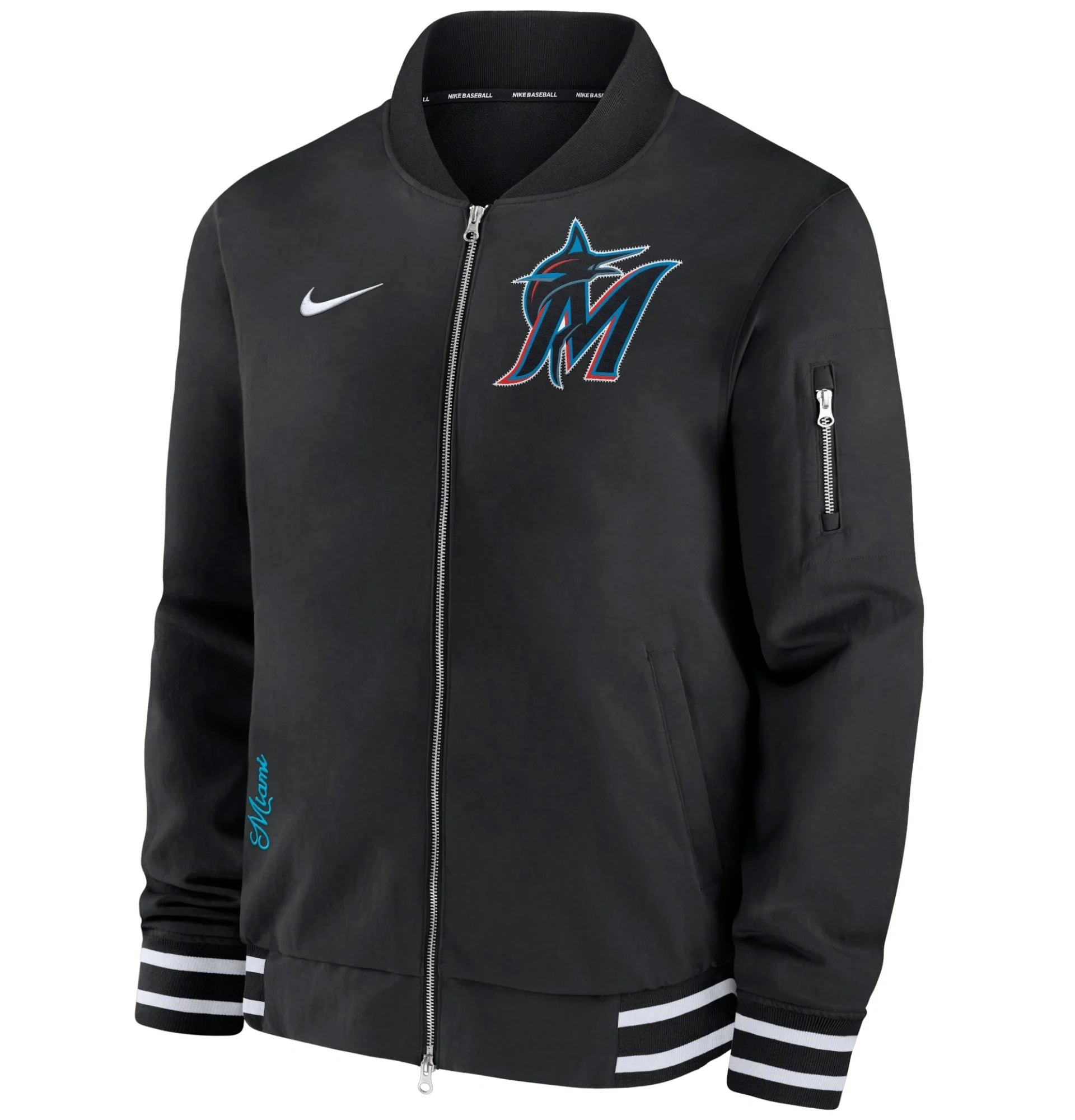 Miami-Marlins-Nike-Full-Zip-Bomber-Black-Varsity-Jacket-leather moto 1