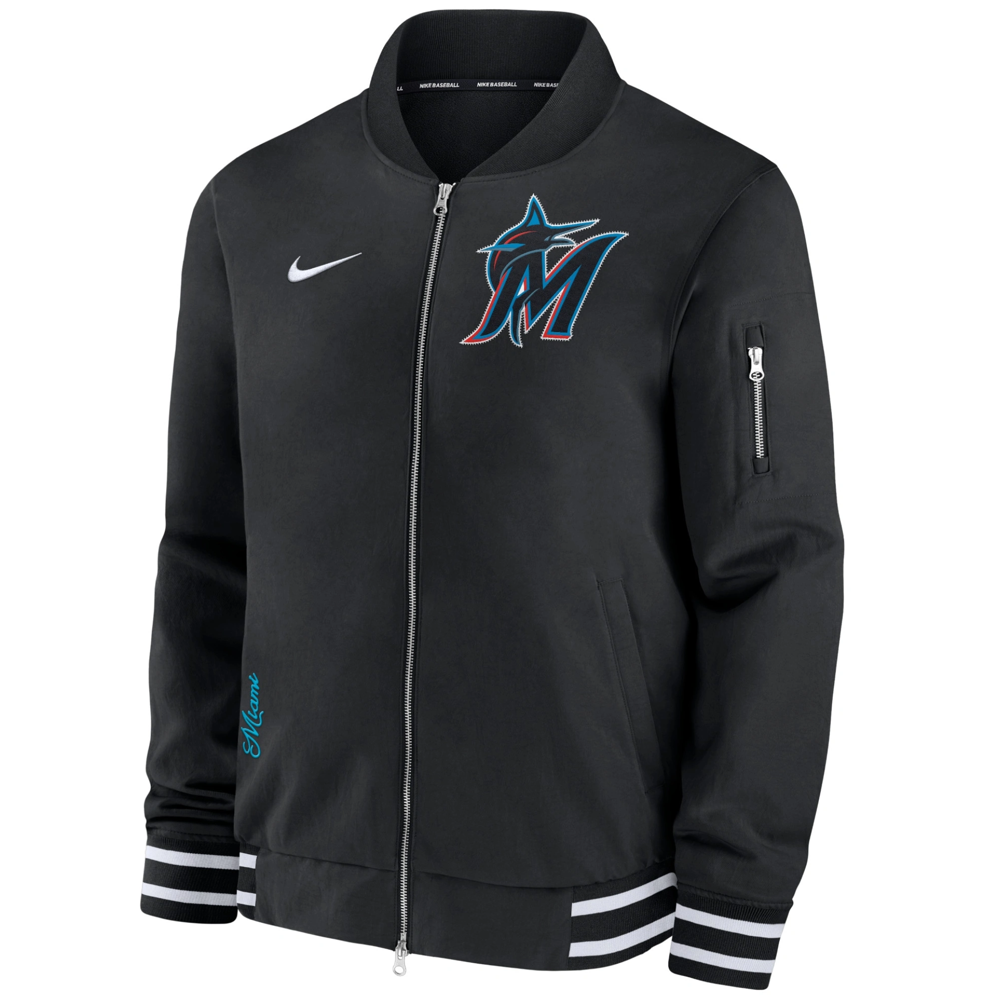 Miami-Marlins-Nike-Full-Zip-Bomber-Black-Varsity-Jacket-leather moto 1