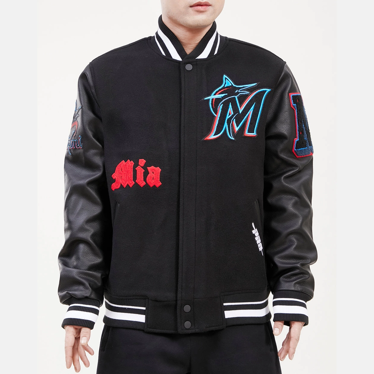Miami-Marlins-Old-English-Rib-Knitted-Black-Wool-Leather-Varsity-Jacket-leather moto 1