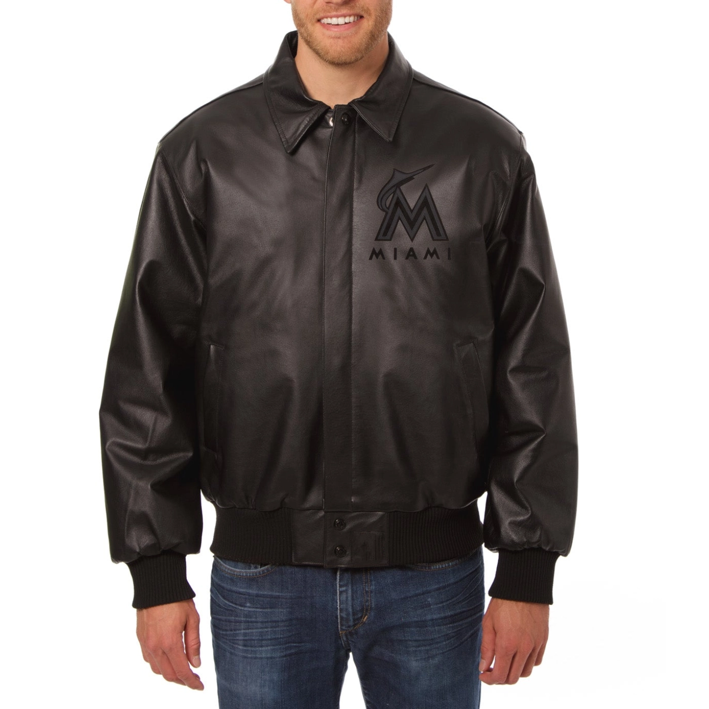 Miami-Marlins-Shirt-Style-Collar-Black-Leather-Varsity-Jacket-leather moto 1