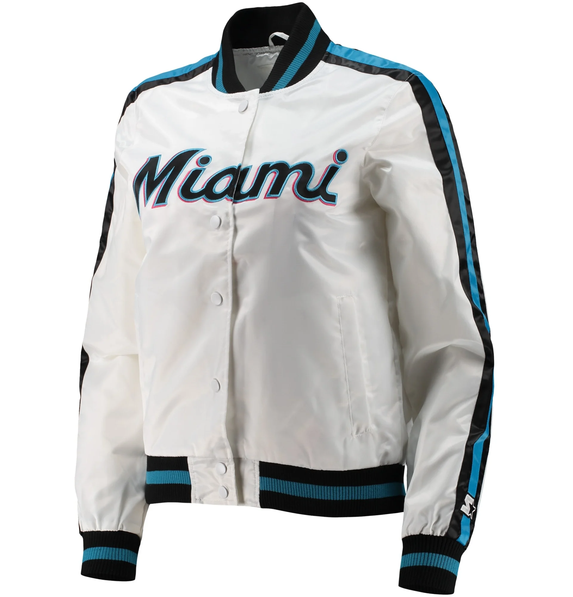 Miami-Marlins-Starter-Hometown-Full-Snap-Satin-Varsity-White-Jacket-leather moto 1