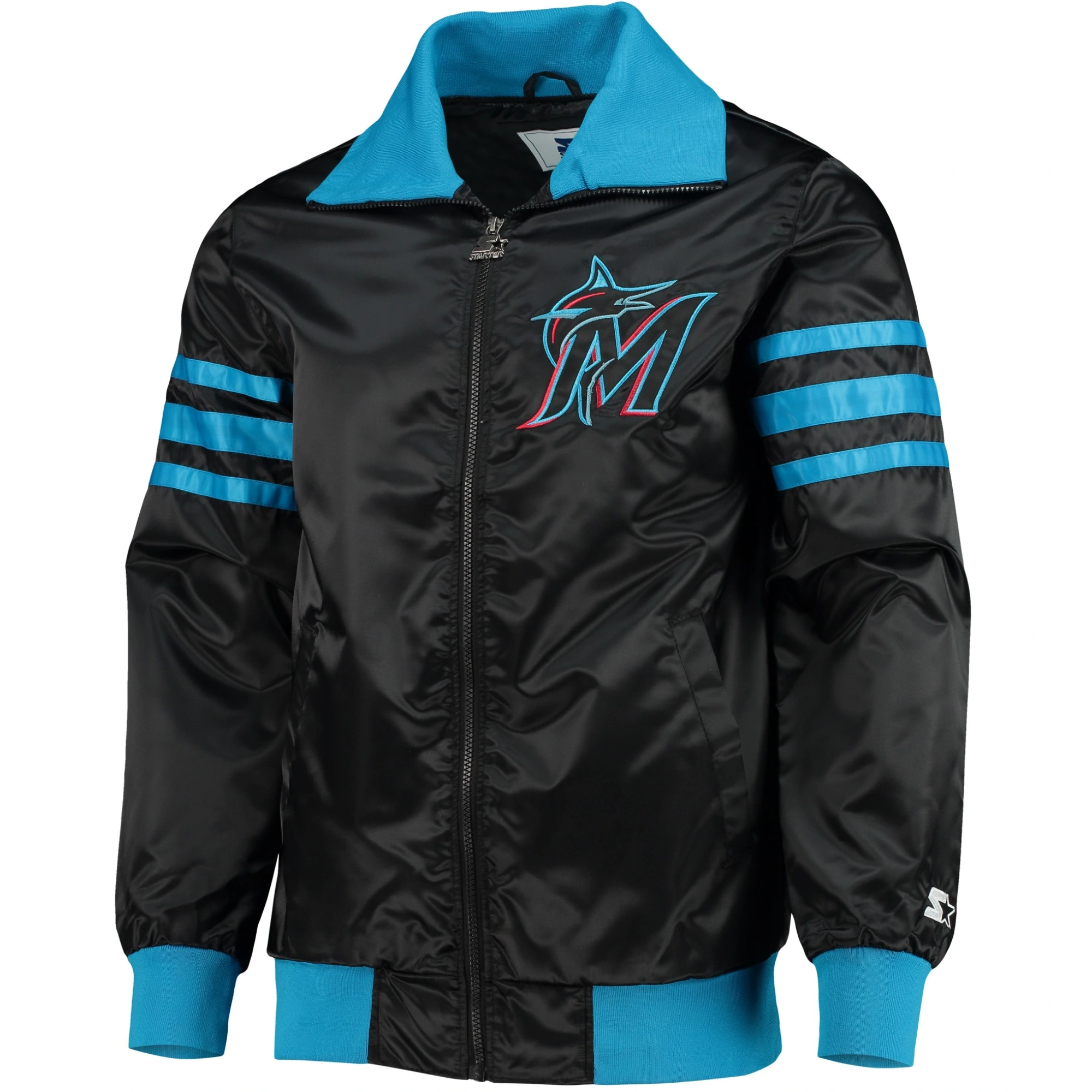 Miami-Marlins-Starter-The-Captain-II-Full-Zip-Satin-Varsity-Black-Jacket-leather moto 1