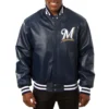 Milwaukee-Brewers-Baseball-Team-Players-Leather-Varsity-Navy-Jacket-leather moto 1