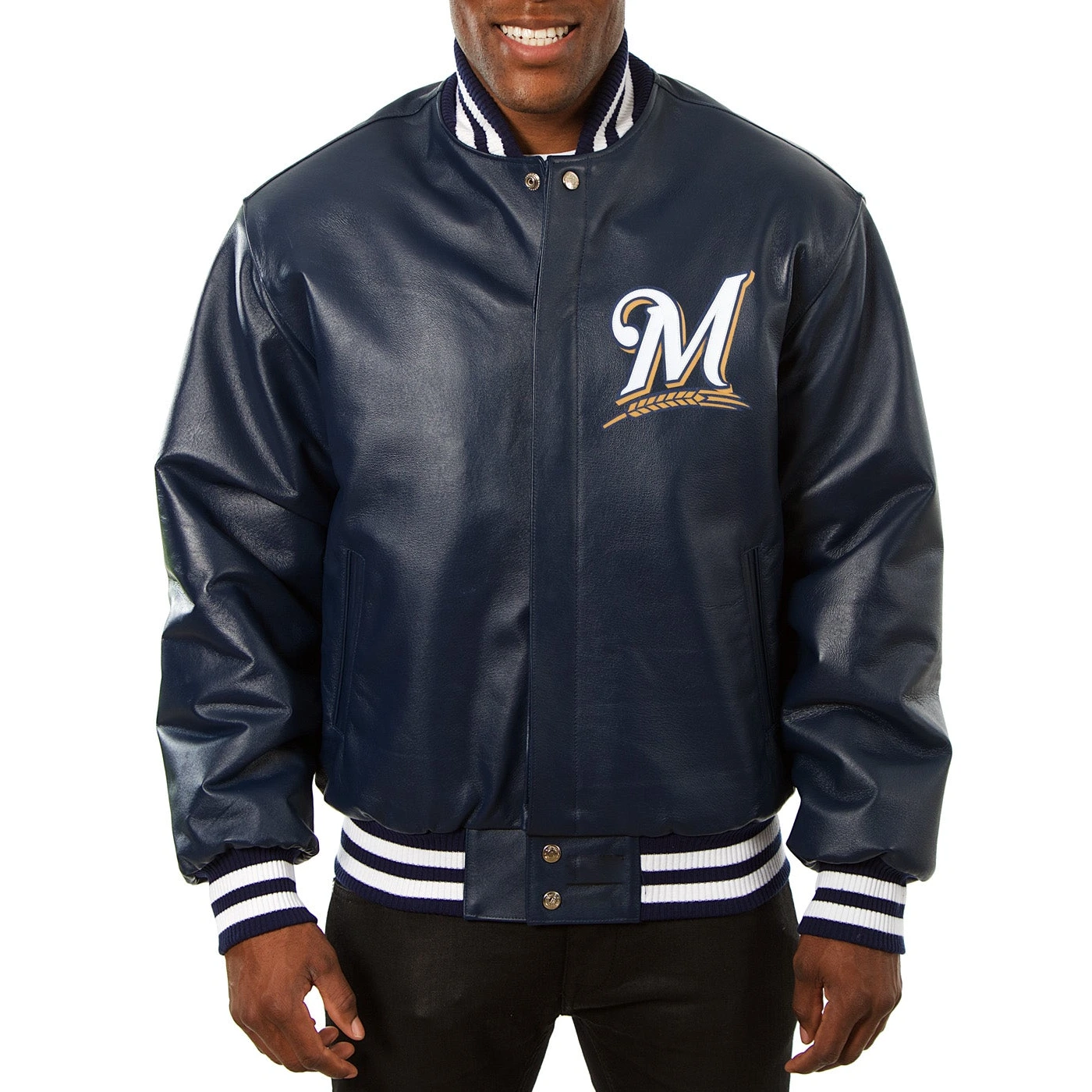 Milwaukee-Brewers-Baseball-Team-Players-Leather-Varsity-Navy-Jacket-leather moto 1