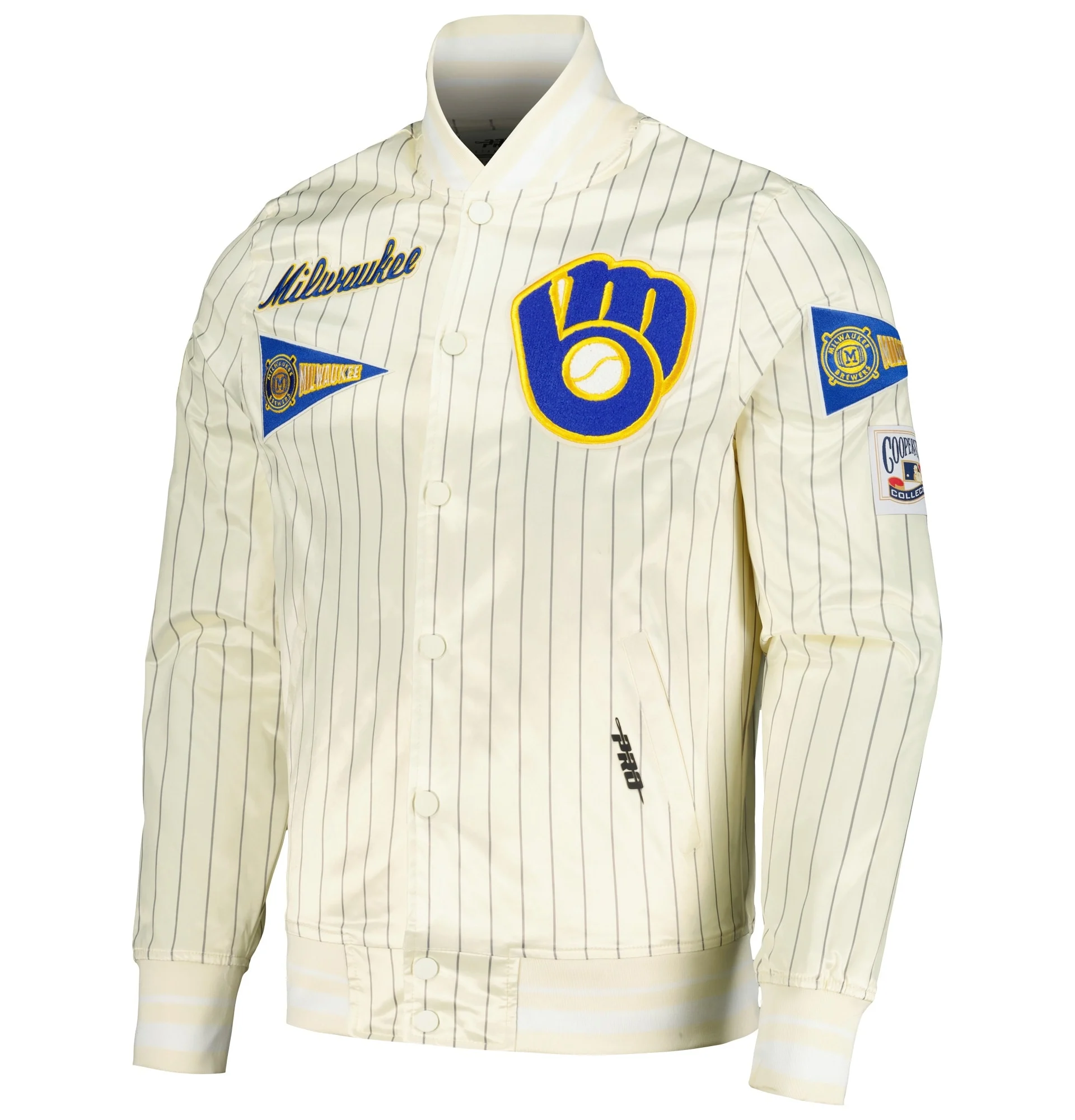 Milwaukee-Brewers-Pro-Standard-Cooperstown-Pinstripe-Retro-Classic-Satin-Varsity-Jacket-leather moto 1