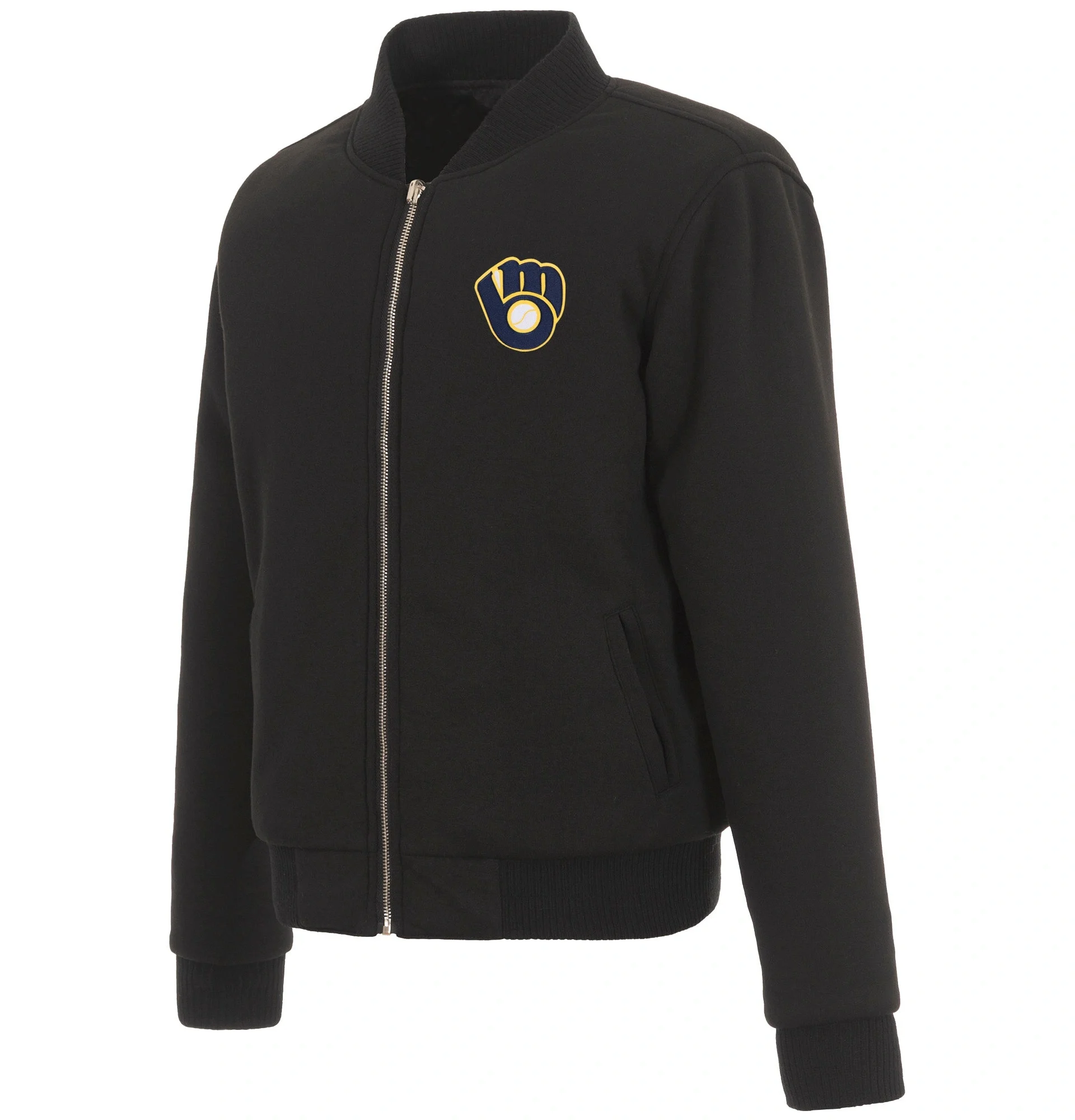 Milwaukee-Brewers-Reversible-Full-Zip-Black-Fleece-Varsity-Jacket-LEATHER MOTO 1
