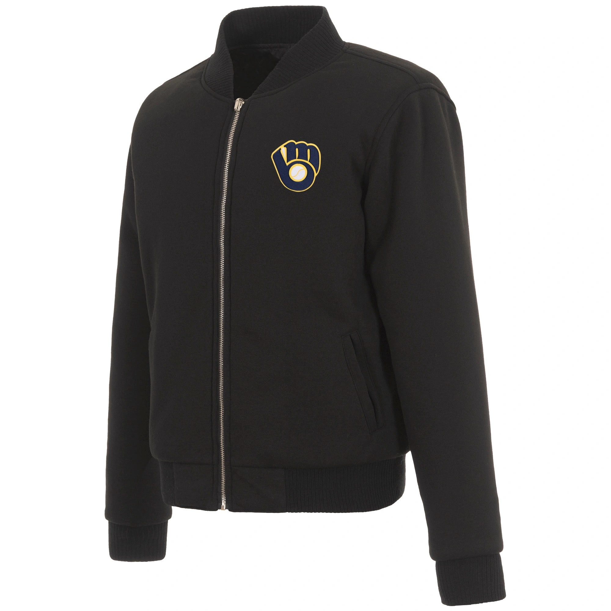 Milwaukee-Brewers-Reversible-Full-Zip-Black-Fleece-Varsity-Jacket-LEATHER MOTO 1