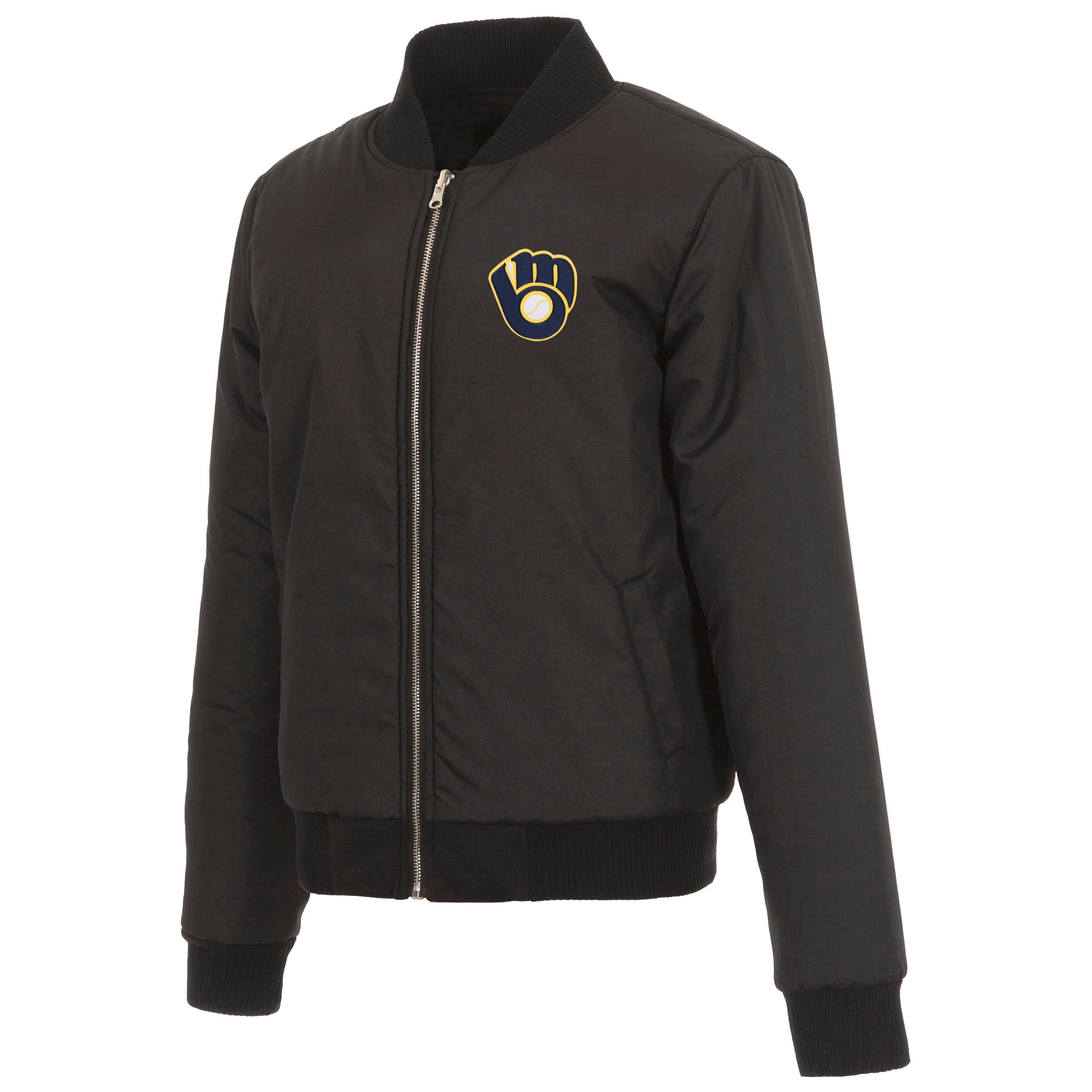 Milwaukee-Brewers-Reversible-Full-Zip-Black-Fleece-Varsity-Jacket-LEATHER MOTO 3