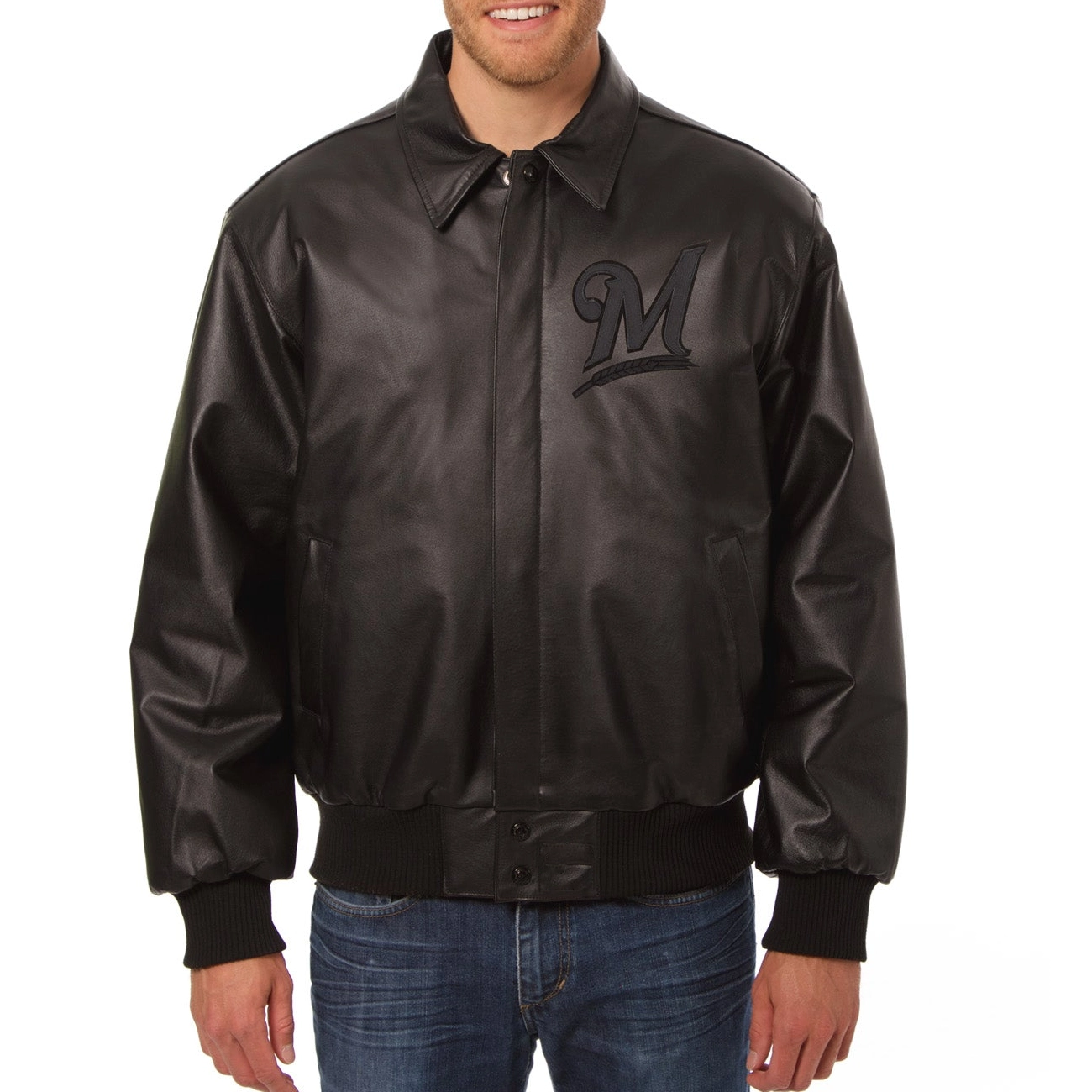 Milwaukee-Brewers-Shirt-Style-Collar-Black-Leather-Varsity-Jacket-LEATHER MOTO 1