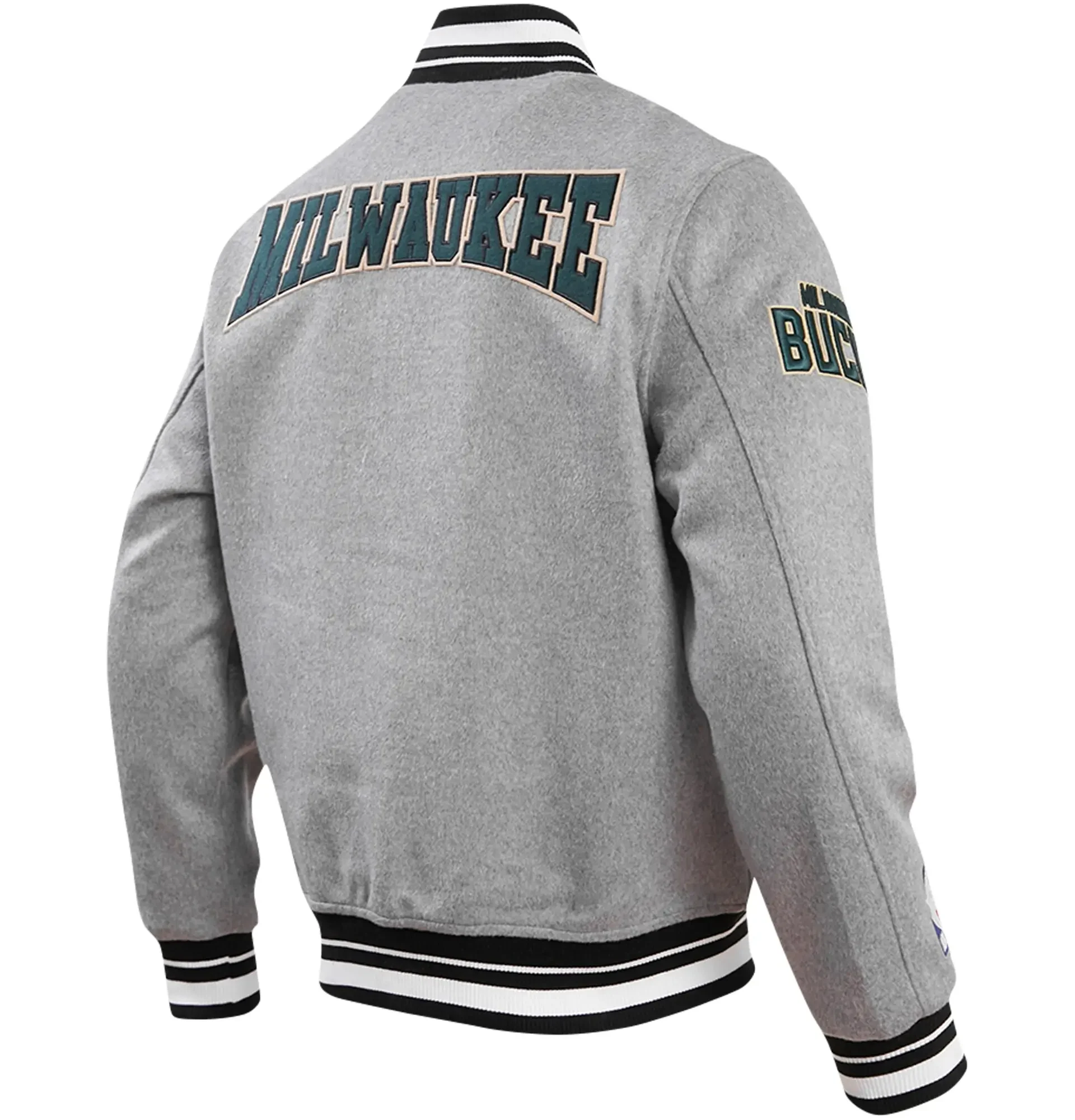 Milwaukee-Bucks-Pro-Standard-Heather-Crest-Emblem-Full-Snap-Gray-Varsity-Jacket-LeatherMoto
