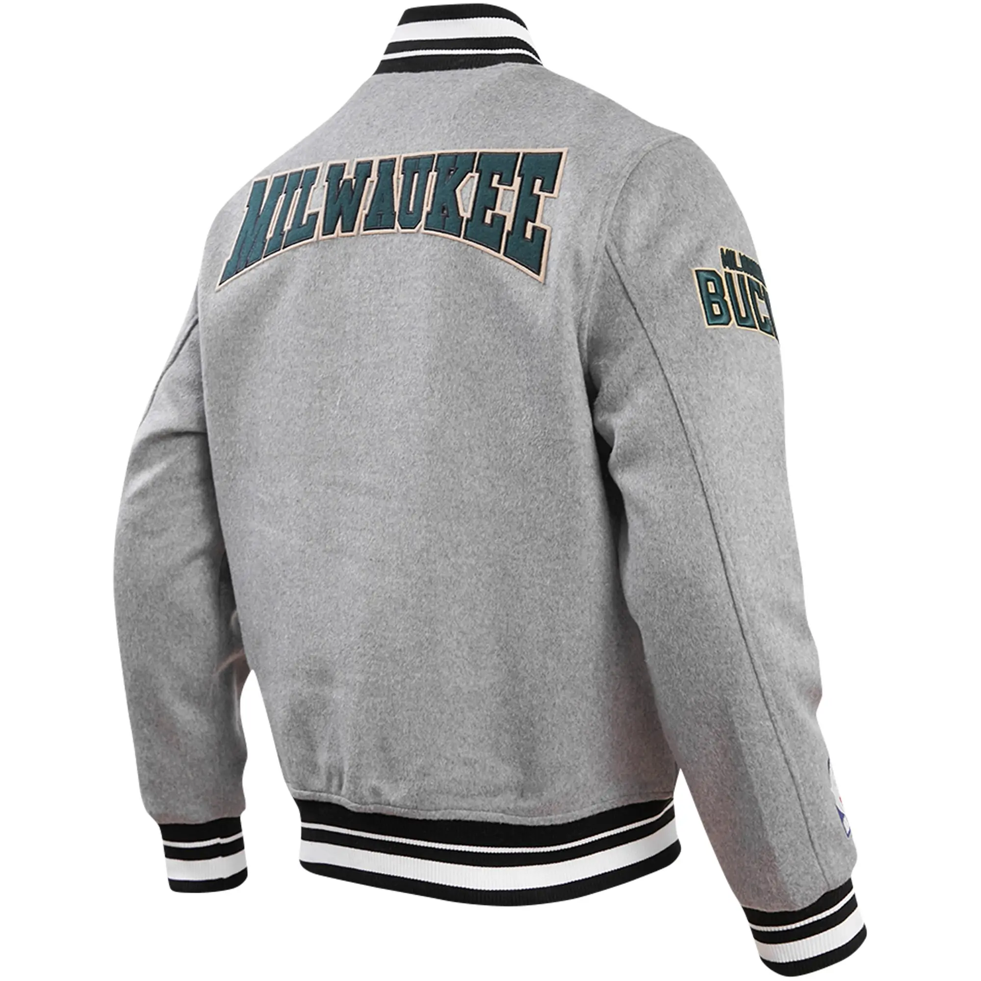 Milwaukee-Bucks-Pro-Standard-Heather-Crest-Emblem-Full-Snap-Gray-Varsity-Jacket-LeatherMoto