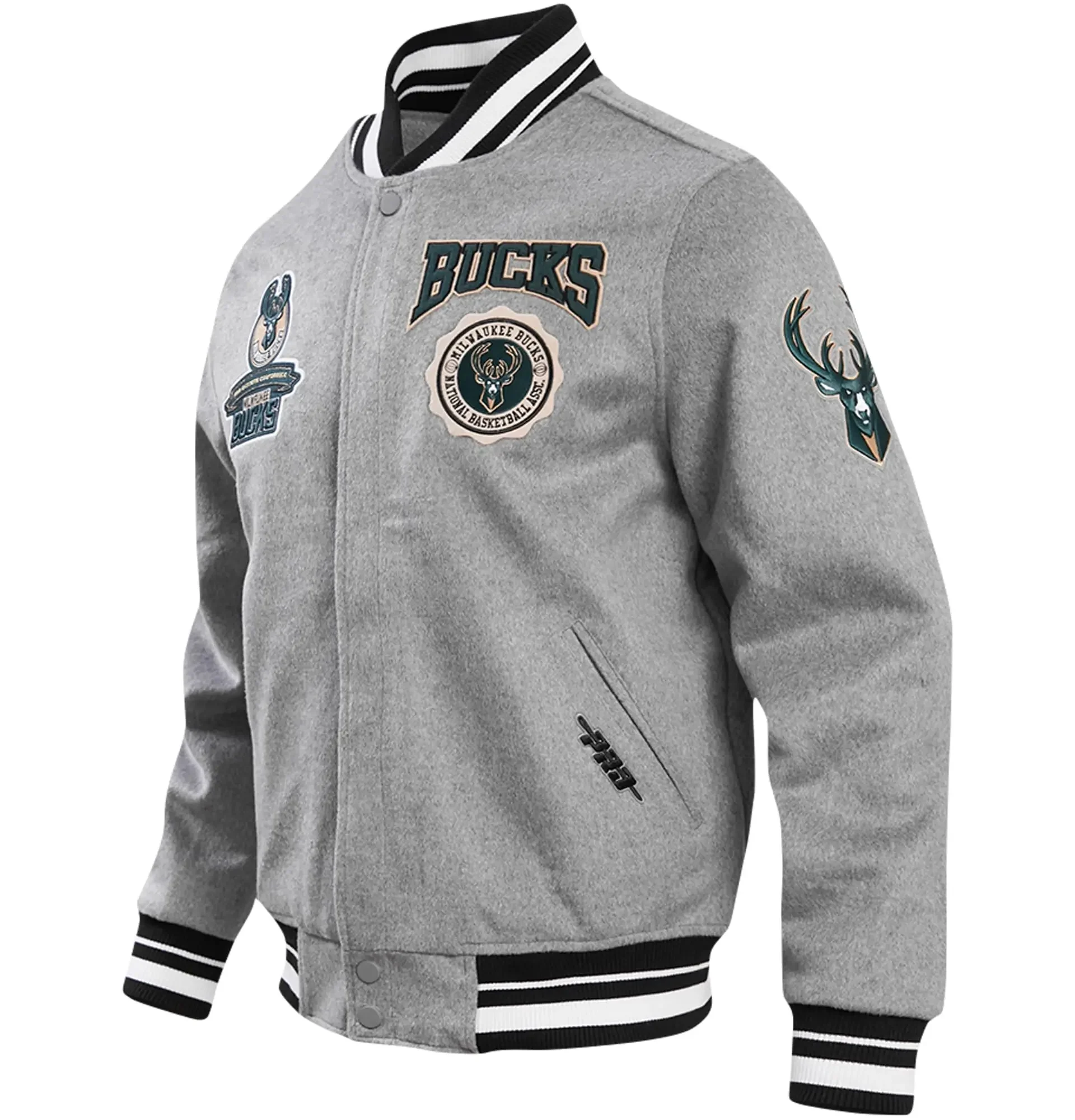 Milwaukee-Bucks-Pro-Standard-Heather-Crest-Emblem-Full-Snap-Gray-Varsity-Jacket-LeatherMoto
