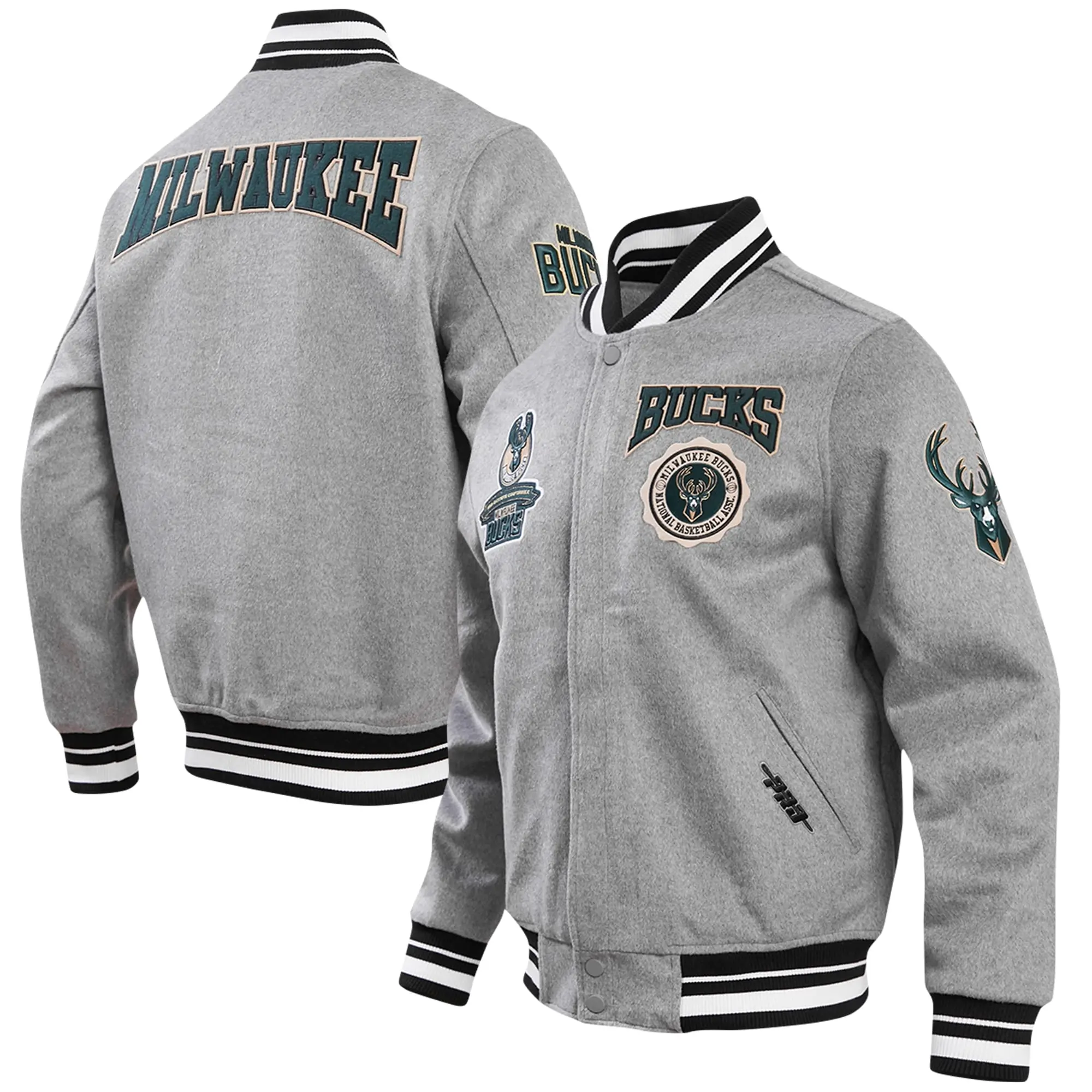 Milwaukee-Bucks-Pro-Standard-Heather-Crest-Emblem-Full-Snap-Gray-Varsity-Jacket-LeatherMoto