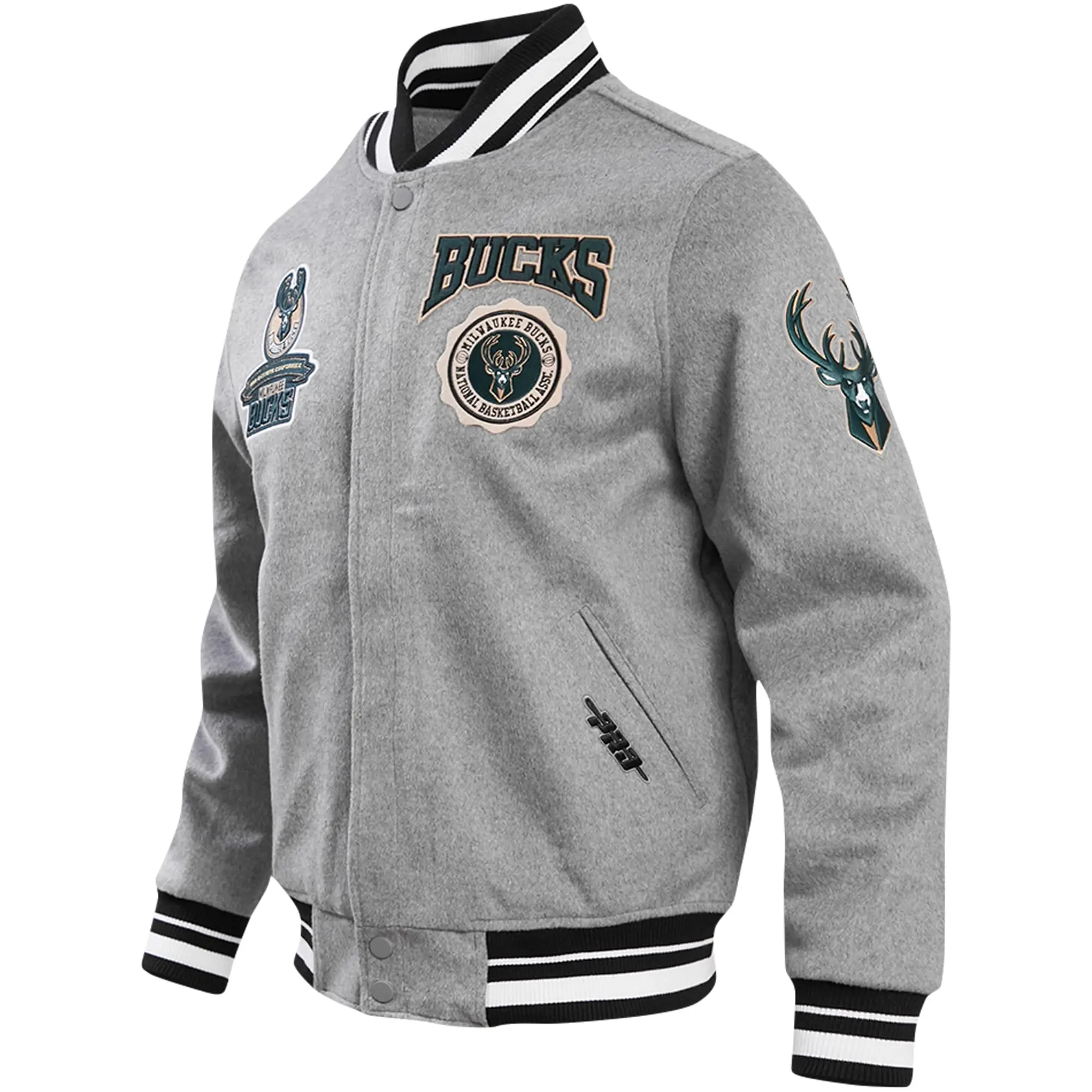 Milwaukee-Bucks-Pro-Standard-Heather-Crest-Emblem-Full-Snap-Gray-Varsity-Jacket-LeatherMoto