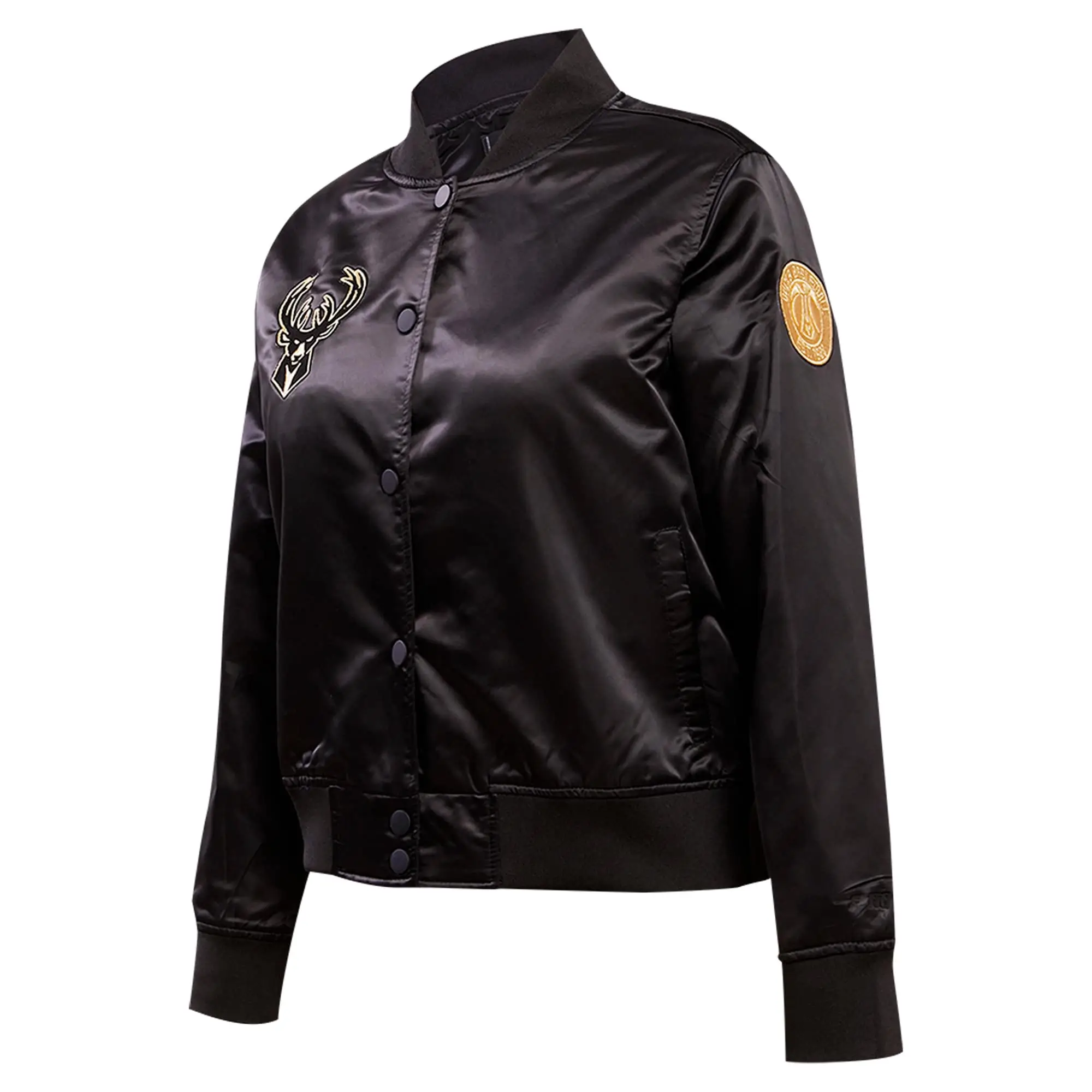 Milwaukee-Bucks-Womens-Pro-Standard-Black-Glam-Satin-Varsity-Jacket-LeatherMoto