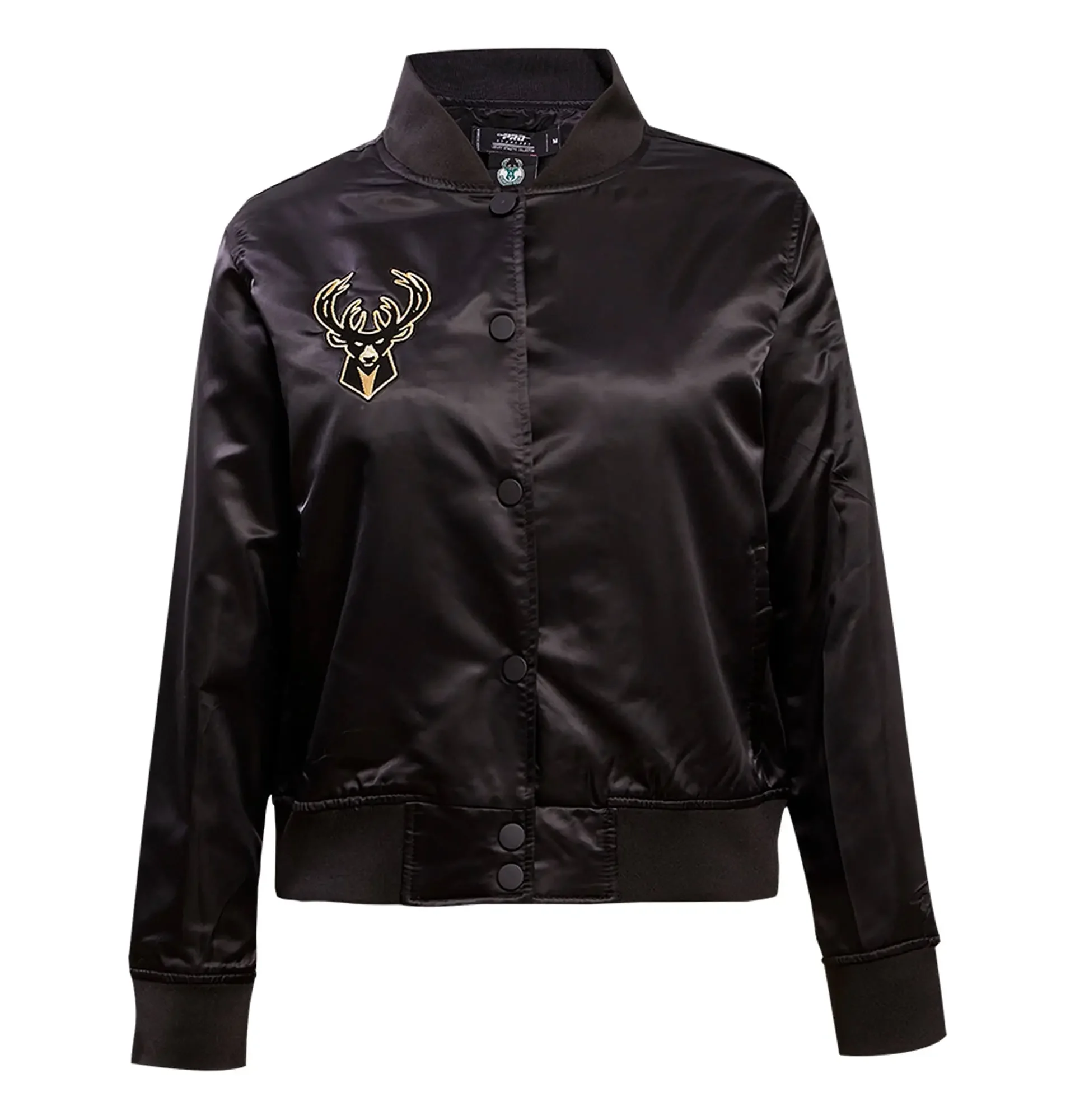 Milwaukee-Bucks-Womens-Pro-Standard-Black-Glam-Satin-Varsity-Jacket-LeatherMoto