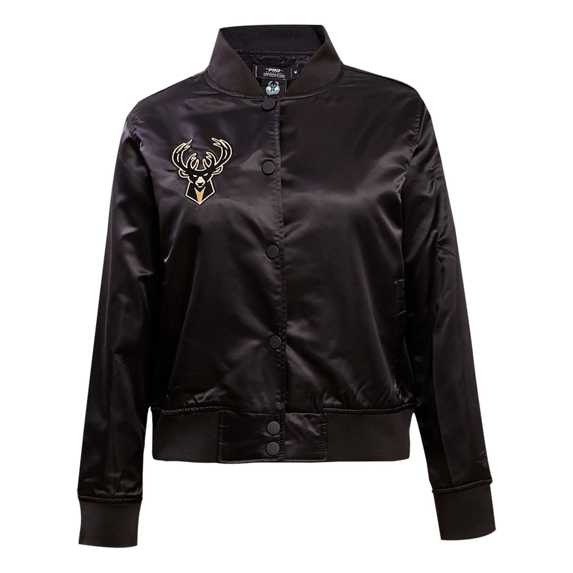 Milwaukee-Bucks-Womens-Pro-Standard-Black-Glam-Satin-Varsity-Jacket-LeatherMoto