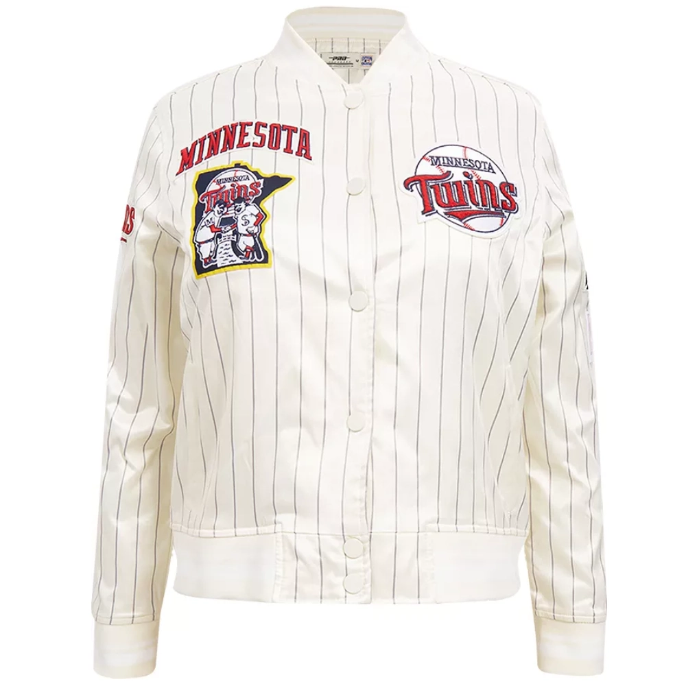 Minnesota-Twins-Pro-Standard-Pinstripe-Full-Snap-Satin-Varsity-Cream-Jacket-LEATHER MOTO 1