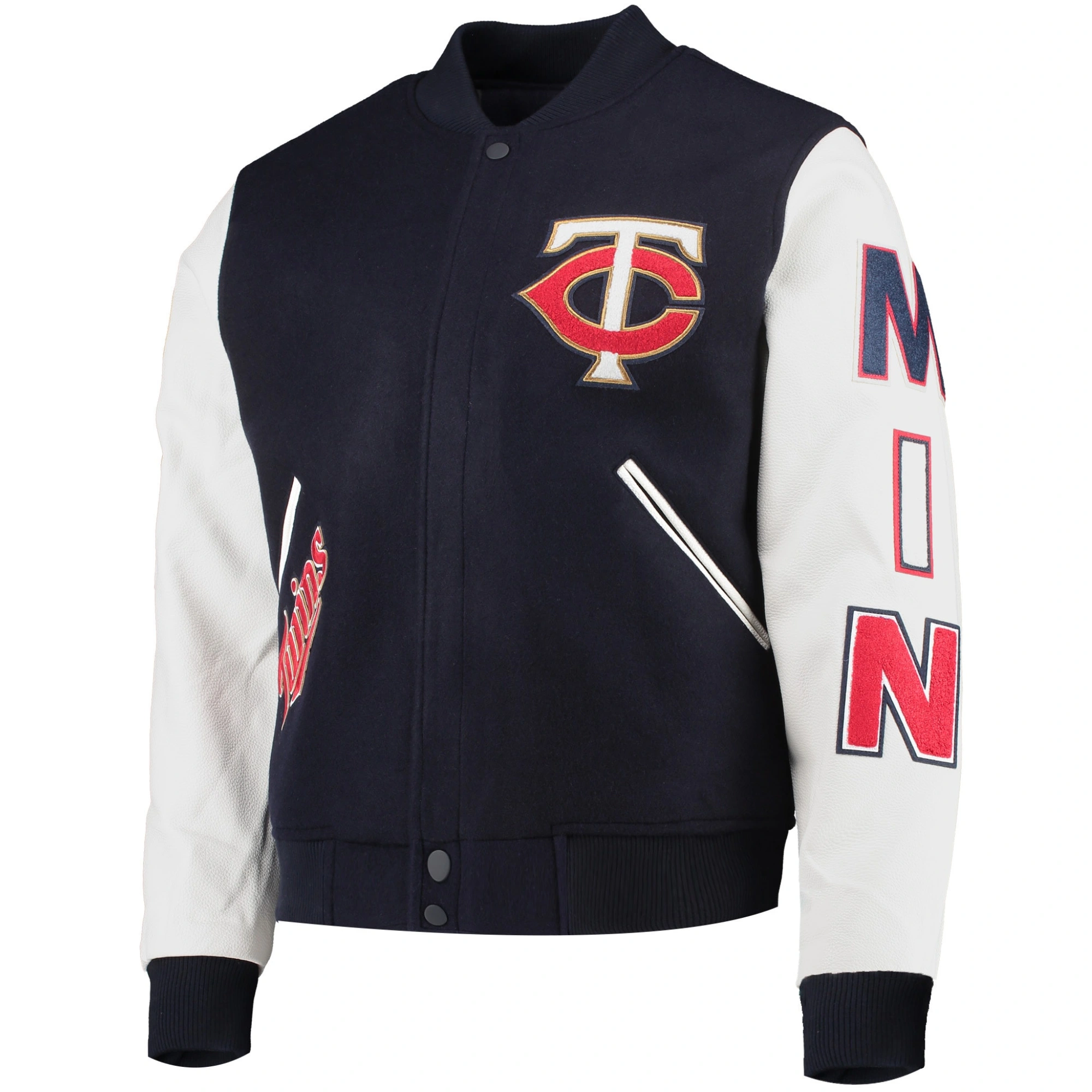Minnesota-Twins-Pro-Standard-Ribbed-Knitted-Wool-Leather-Varsity-Jacket-LEATHER MOTO 1