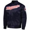 Minnesota-Twins-Pro-Standard-Wordmark-Full-Snap-Satin-Varsity-Navy-Jacket-LEATHER MOTO 1