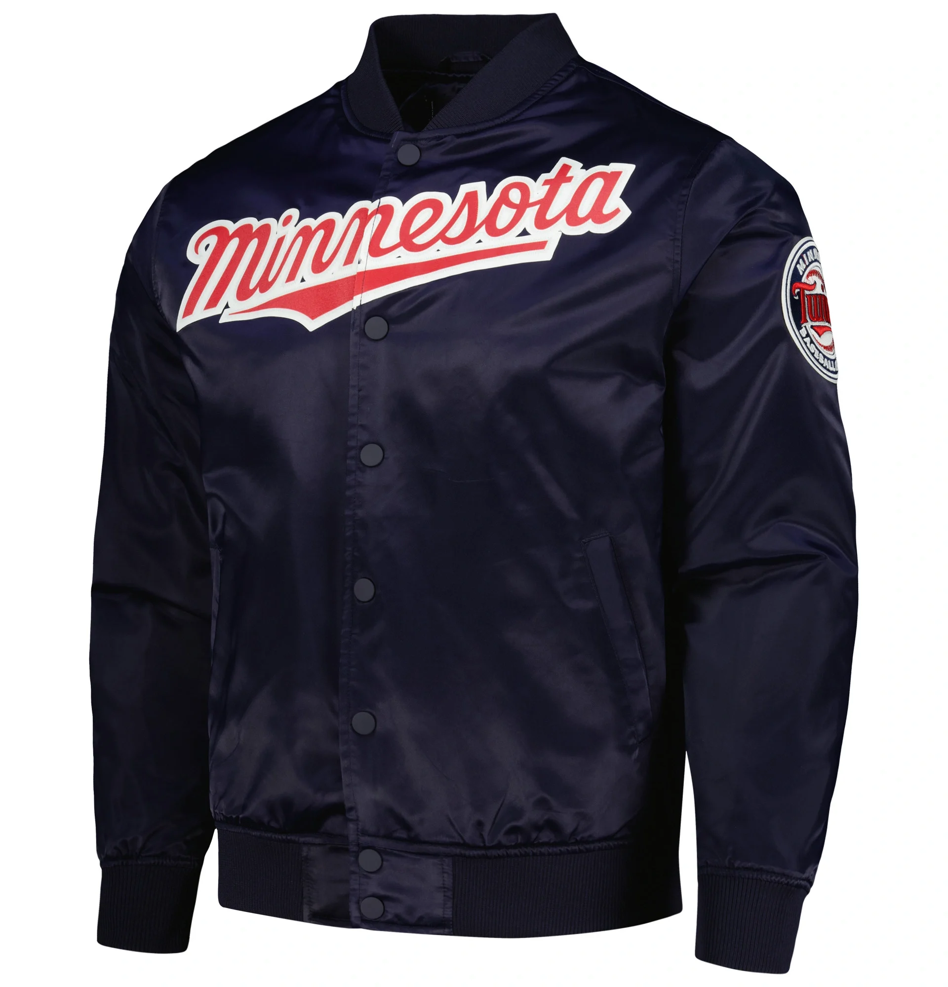 Minnesota-Twins-Pro-Standard-Wordmark-Full-Snap-Satin-Varsity-Navy-Jacket-LEATHER MOTO 1