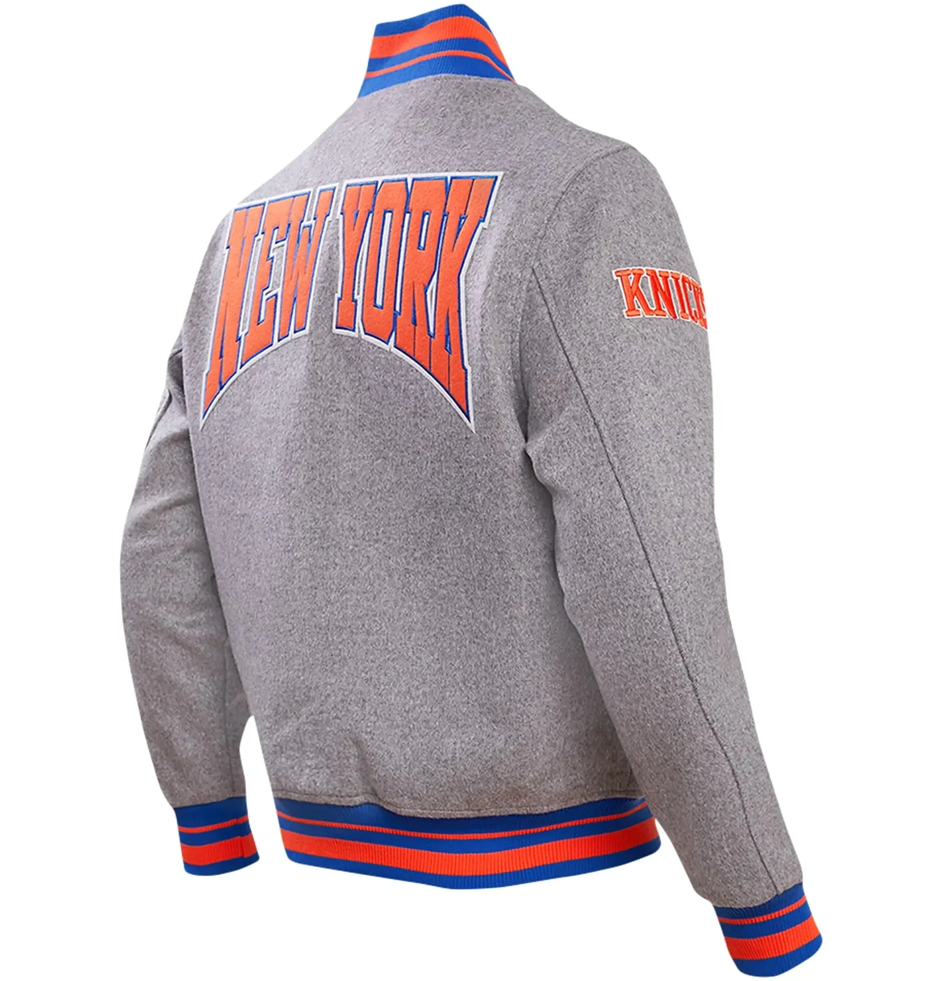 New-York-Knicks-Pro-Standard-Heather-Gray-Varsity-Jacket-LeatherMoto