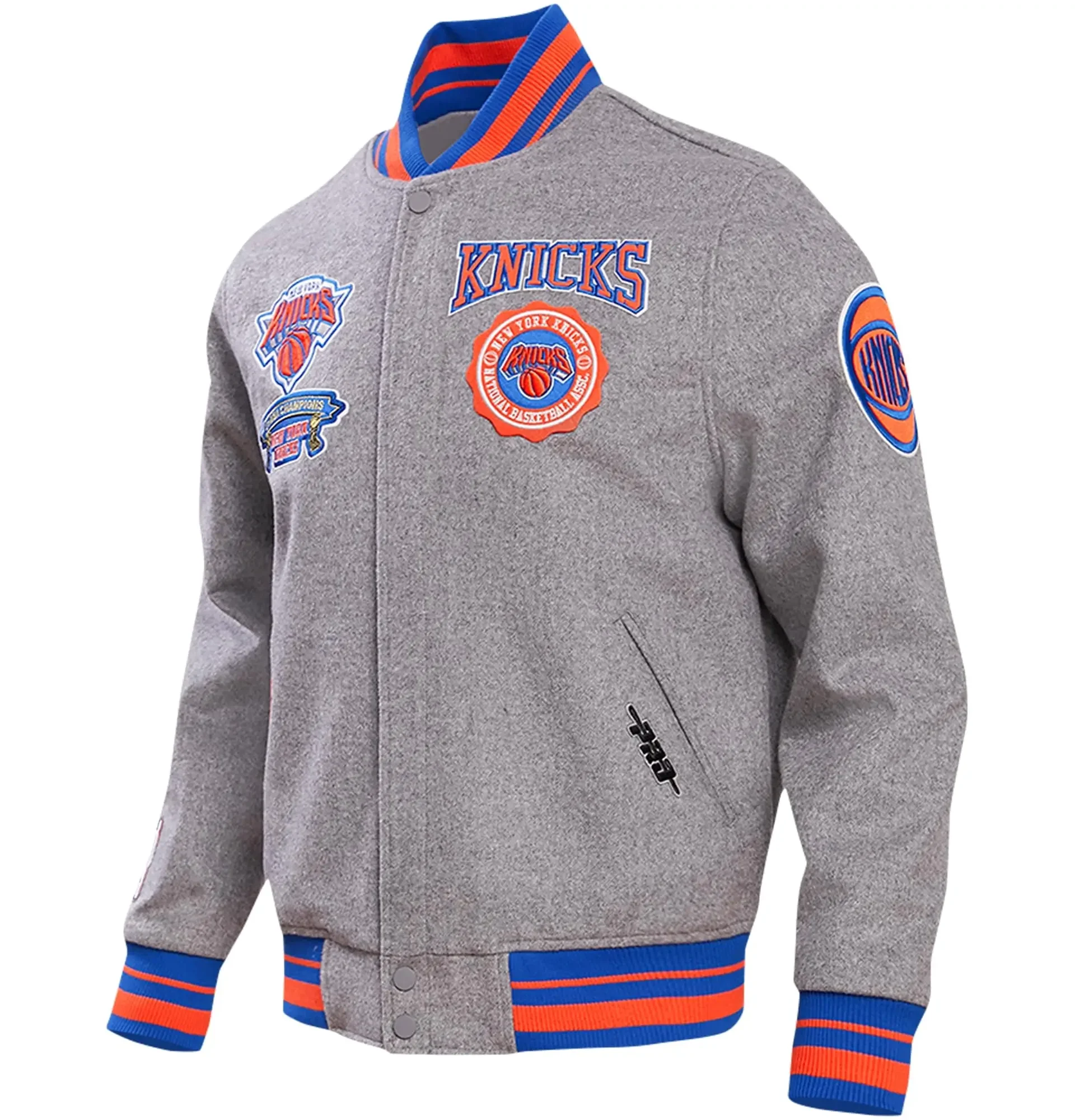 New-York-Knicks-Pro-Standard-Heather-Gray-Varsity-Jacket-LeatherMoto