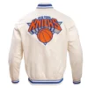 New York Knicks Unisex Satin Varsity Jacket Cream - Image 2