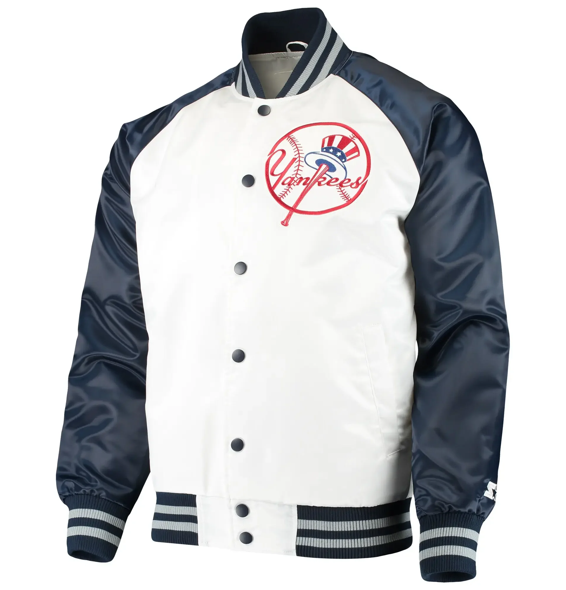 New-York-Yankees-Starter-Clean-Up-Hitter-Full-Snap-Satin-White-Navy-Varsity-Jacket-leather moto 1