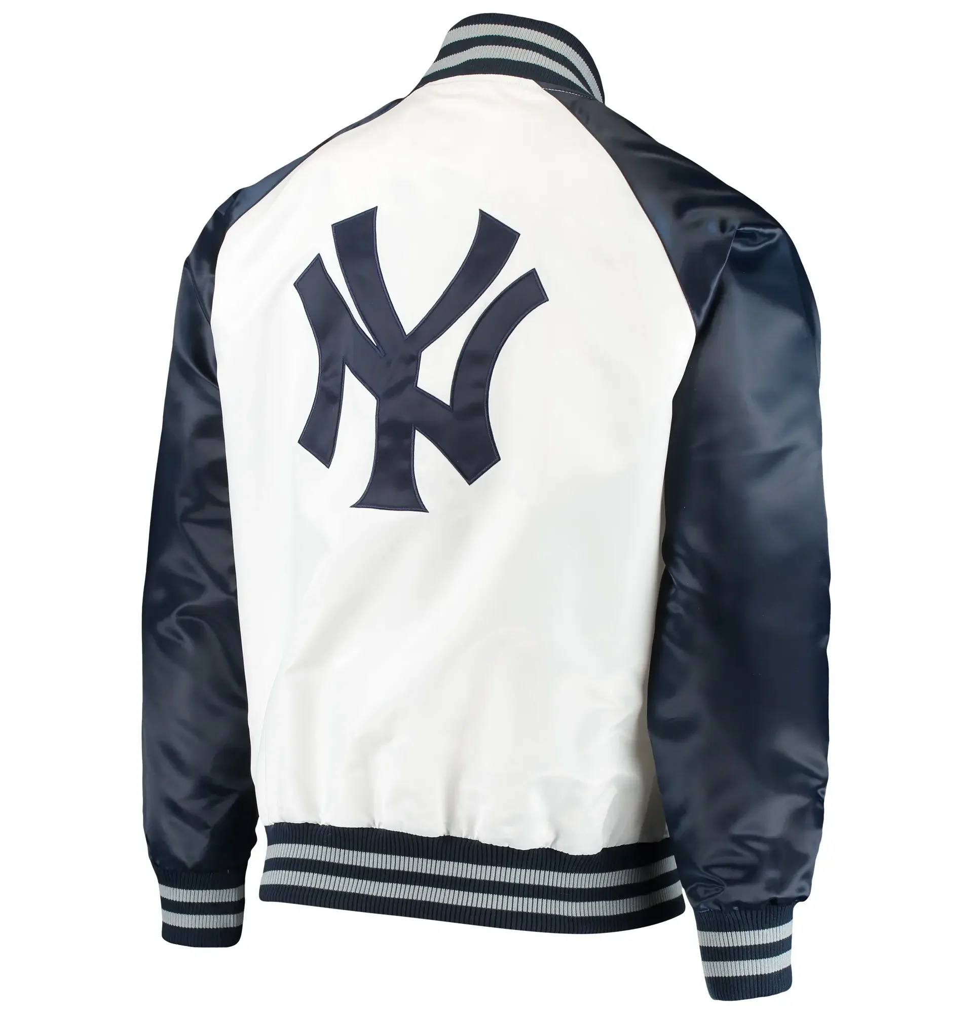New-York-Yankees-Starter-Clean-Up-Hitter-Full-Snap-Satin-White-Navy-Varsity-Jacket-leather moto 2