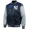 New-York-Yankees-Starter-Enforce-Full-Snap-Satin-Navy-Gray-Varsity-Jacket-leather moto 1