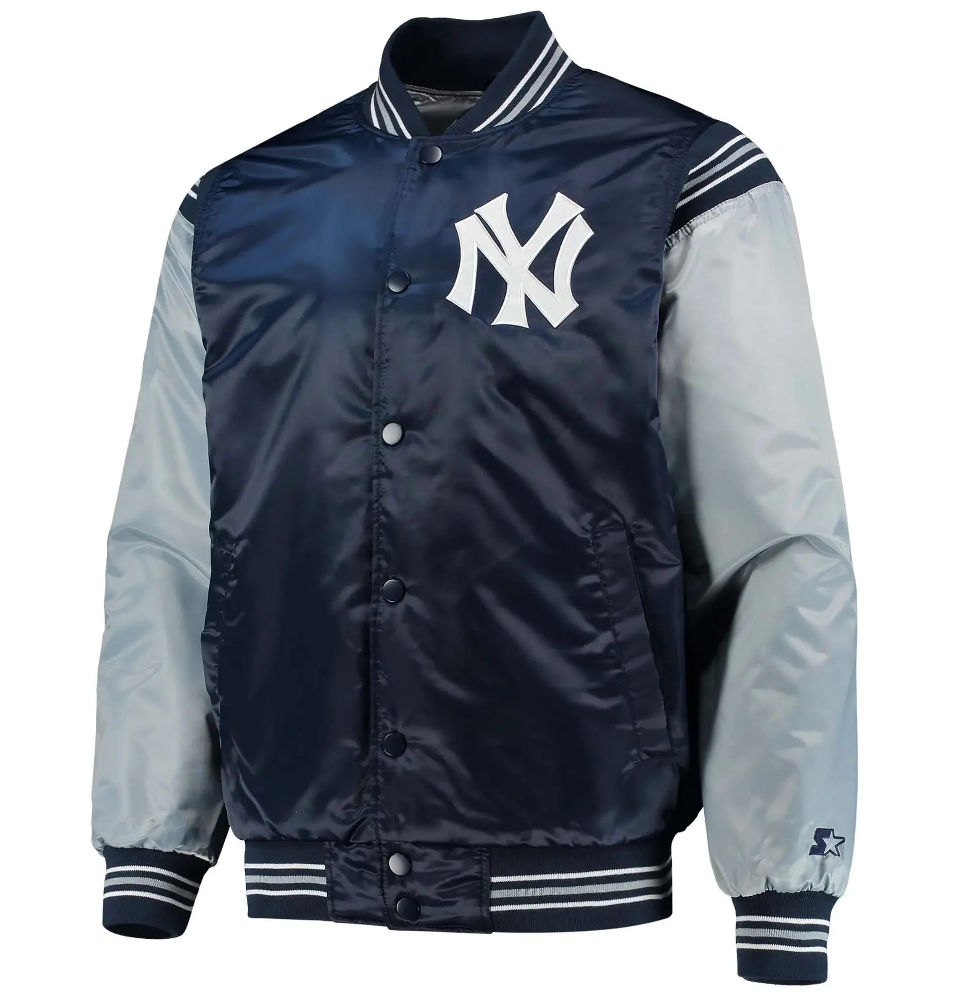 New-York-Yankees-Starter-Enforce-Full-Snap-Satin-Navy-Gray-Varsity-Jacket-leather moto 1