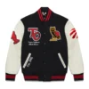 OVO X Toronto Raptors BlackCream Wool & Leather Varsity Jacket (01)
