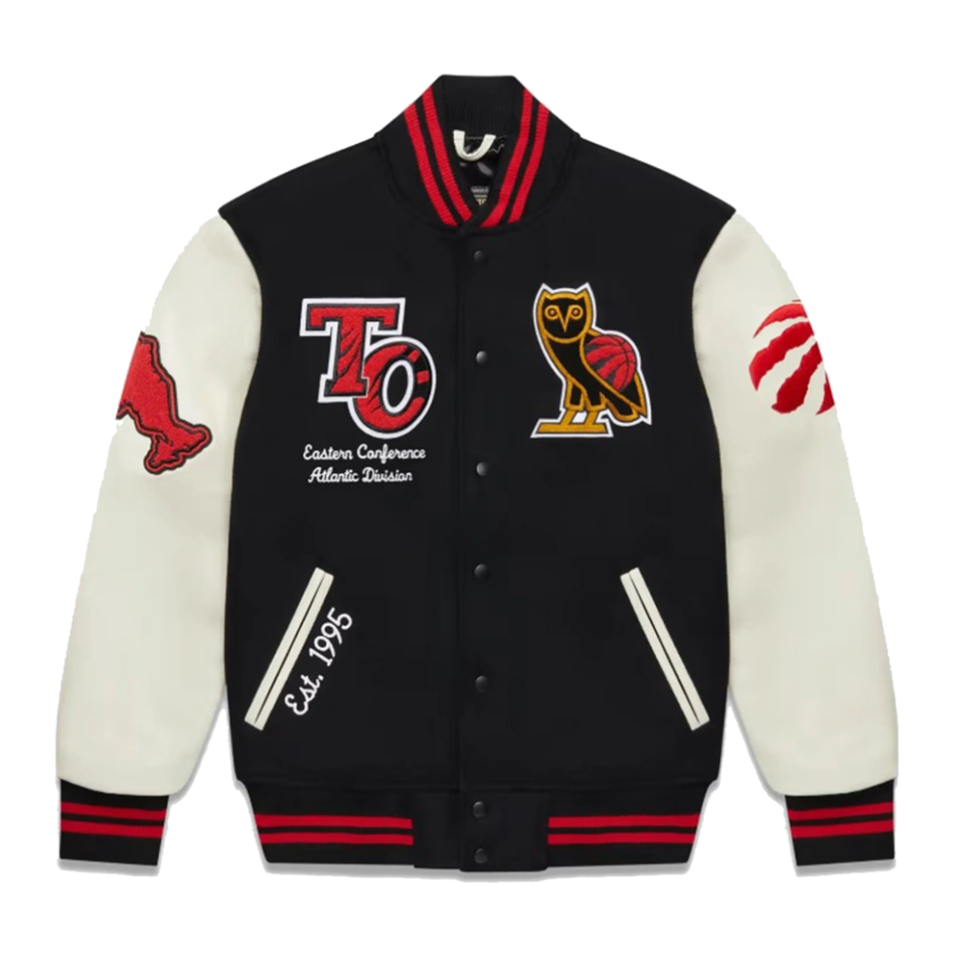 OVO X Toronto Raptors BlackCream Wool & Leather Varsity Jacket (01)