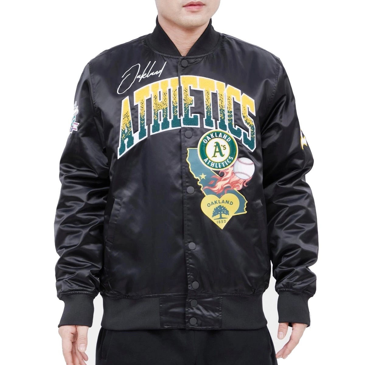 Oakland-Athletics-Pro-Standard-Full-Snap-Satin-Varsity-Black-Jacket-LEATHER MOTO 1