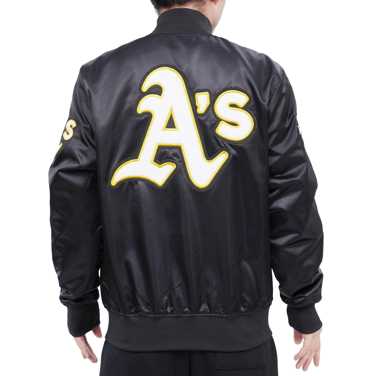 Oakland-Athletics-Pro-Standard-Full-Snap-Satin-Varsity-Black-Jacket-LEATHER MOTO 2