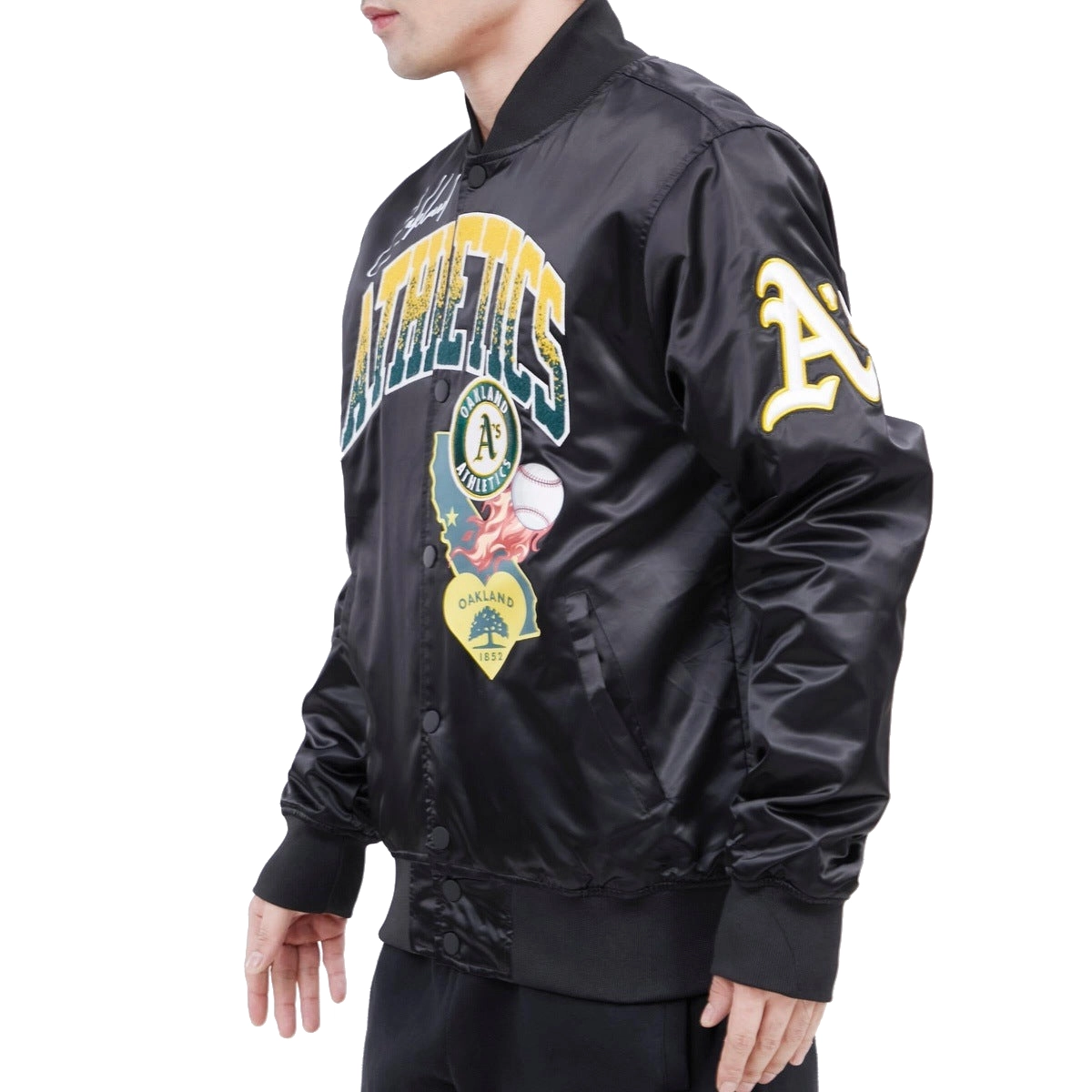 Oakland-Athletics-Pro-Standard-Full-Snap-Satin-Varsity-Black-Jacket-LEATHER MOTO 3