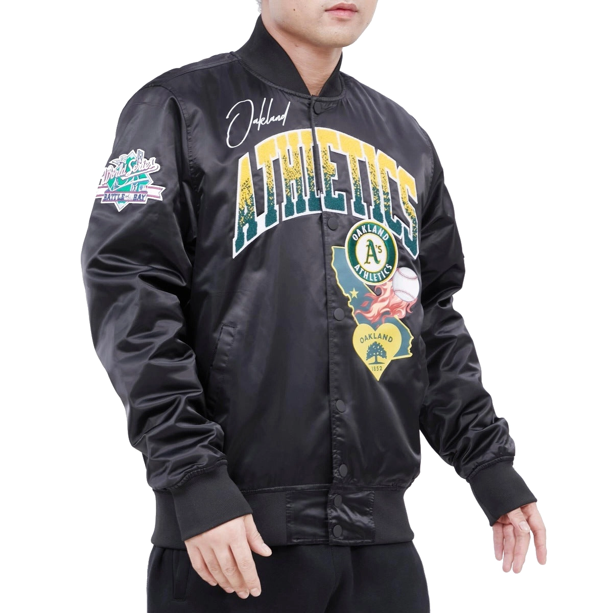 Oakland-Athletics-Pro-Standard-Full-Snap-Satin-Varsity-Black-Jacket-LEATHER MOTO 4