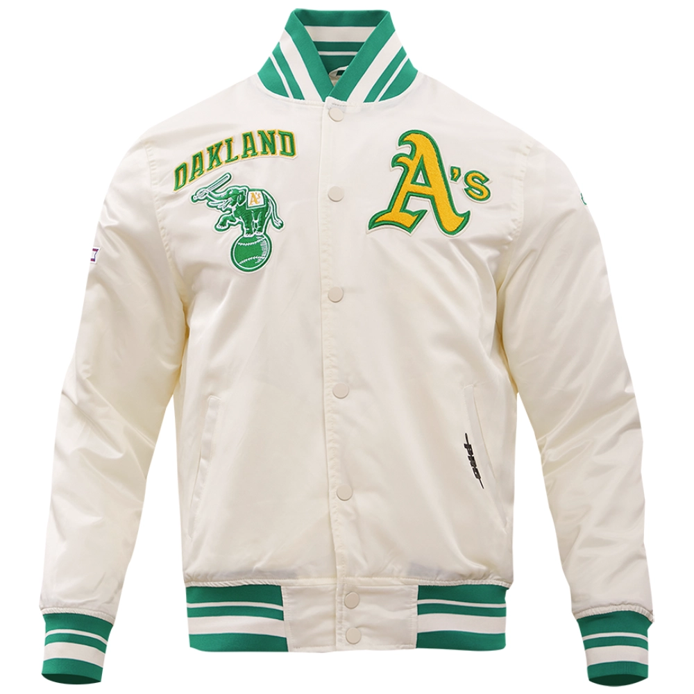 Oakland-Athletics-Pro-Standard-Full-Snap-Satin-Varsity-Cream-Jacket-LEATHER MOTO 1