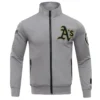Oakland-Athletics-Pro-Standard-Full-Zip-Polyester-Varsity-Gray-Jacket-LEATHER MOTO 1
