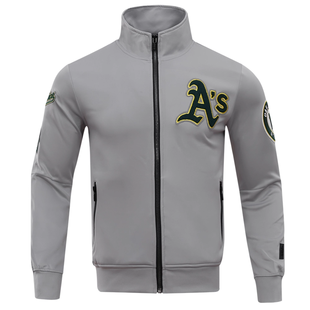 Oakland-Athletics-Pro-Standard-Full-Zip-Polyester-Varsity-Gray-Jacket-LEATHER MOTO 1